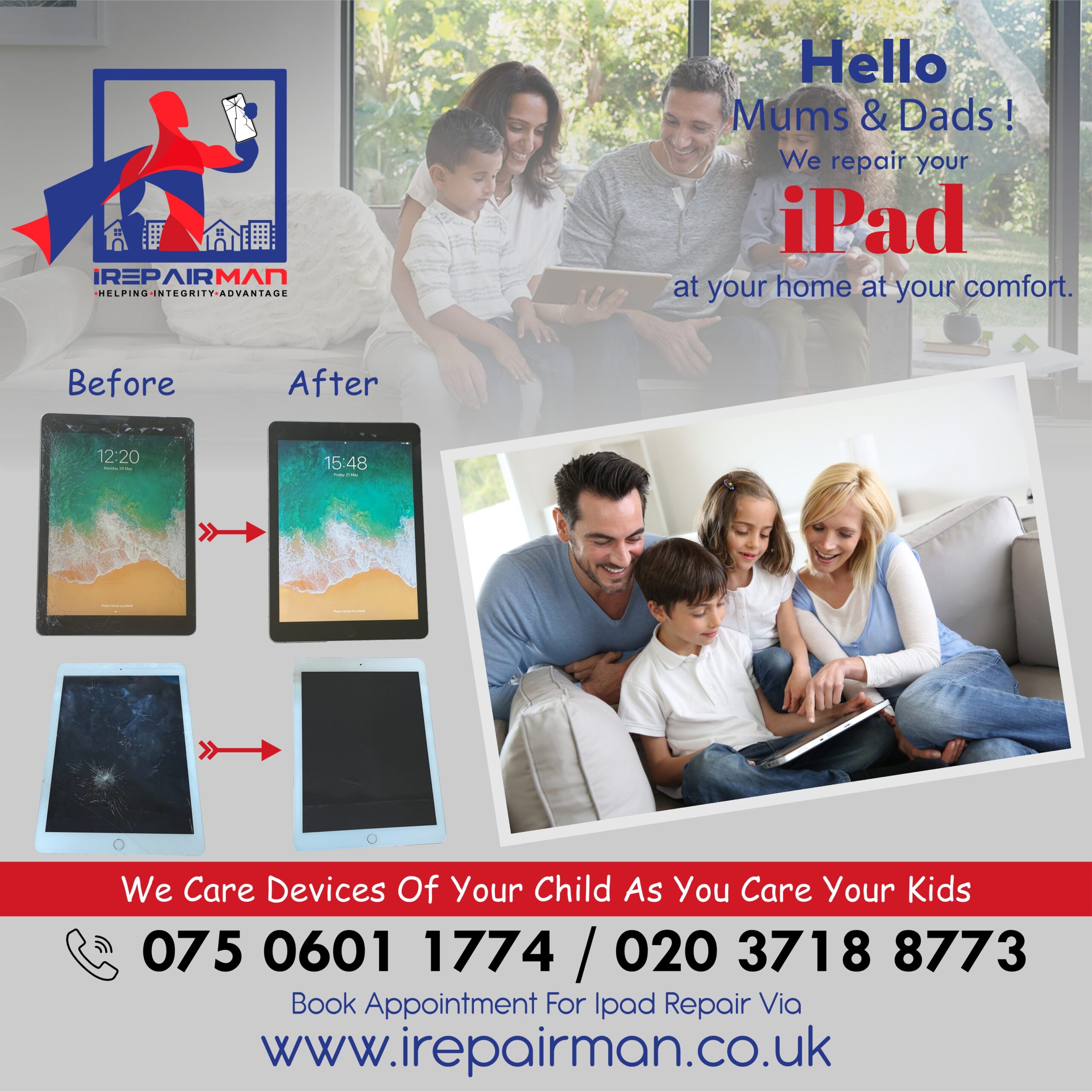 We repair your child's broken cracked iPad at your home