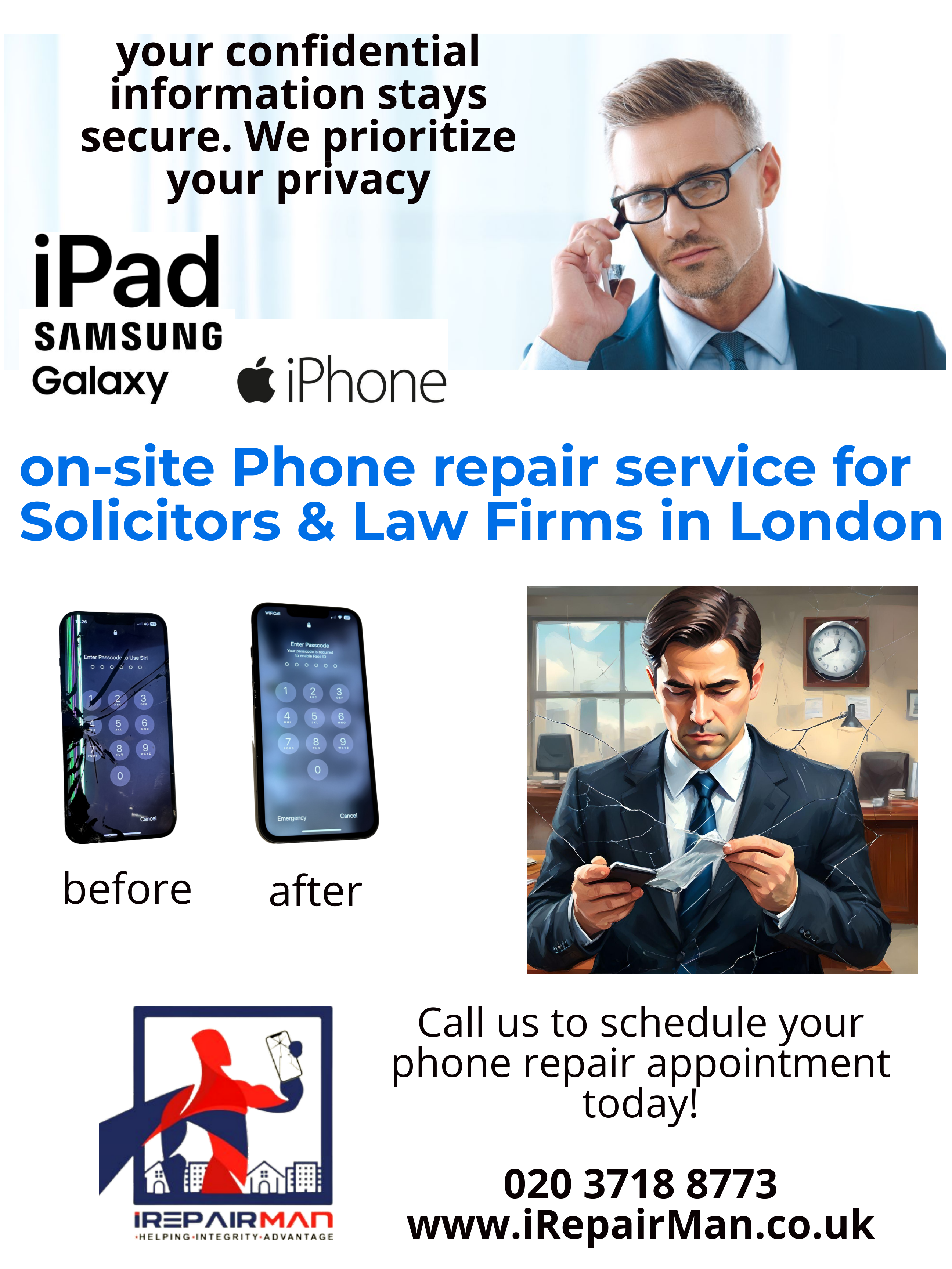 Lawyer using phone with iRepairMan’s on-site mobile repair banner for solicitors and law firms in London