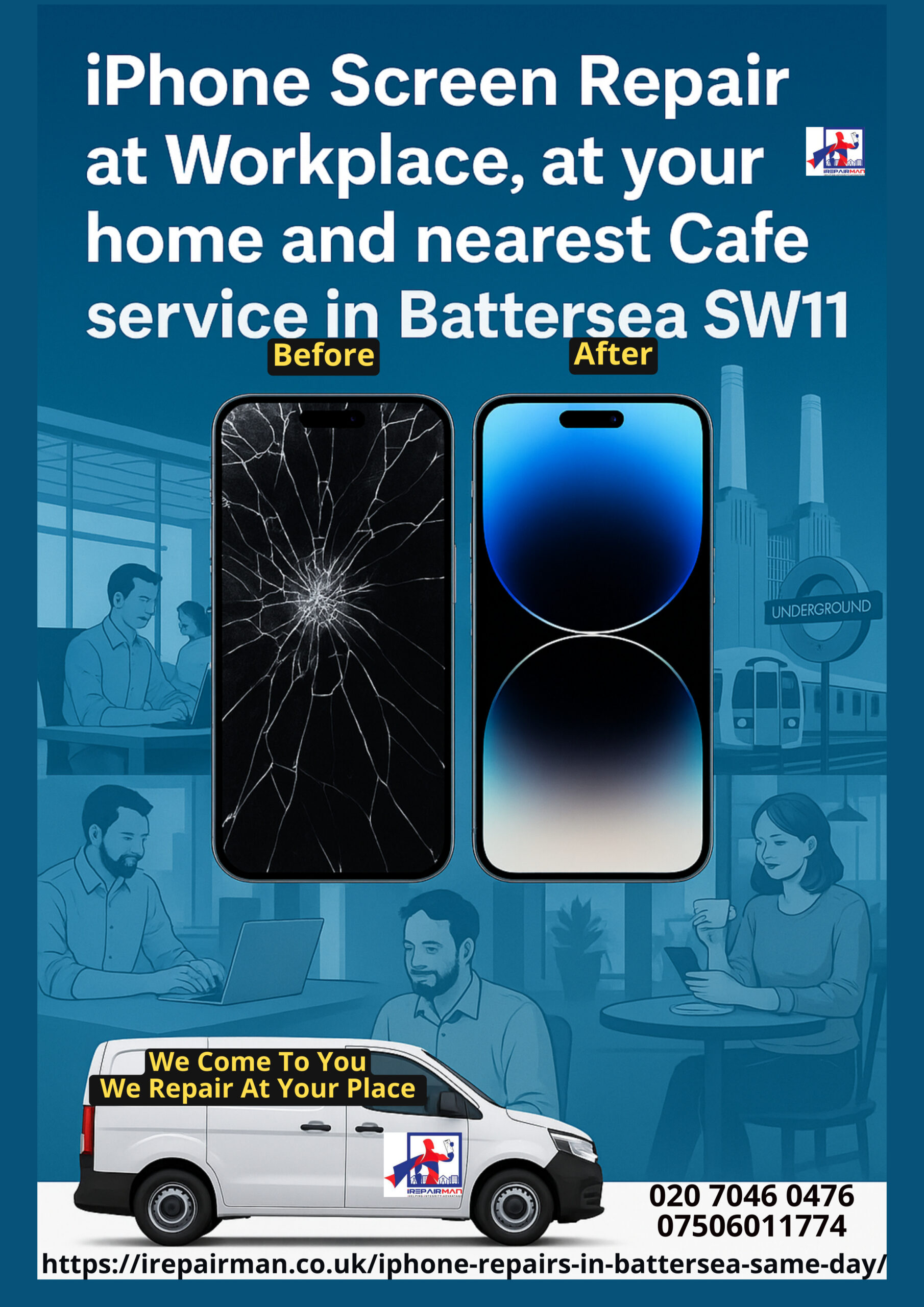 Same day iPhone repairs at home workplace or cafe in Battersea SW11 by iRepairMan