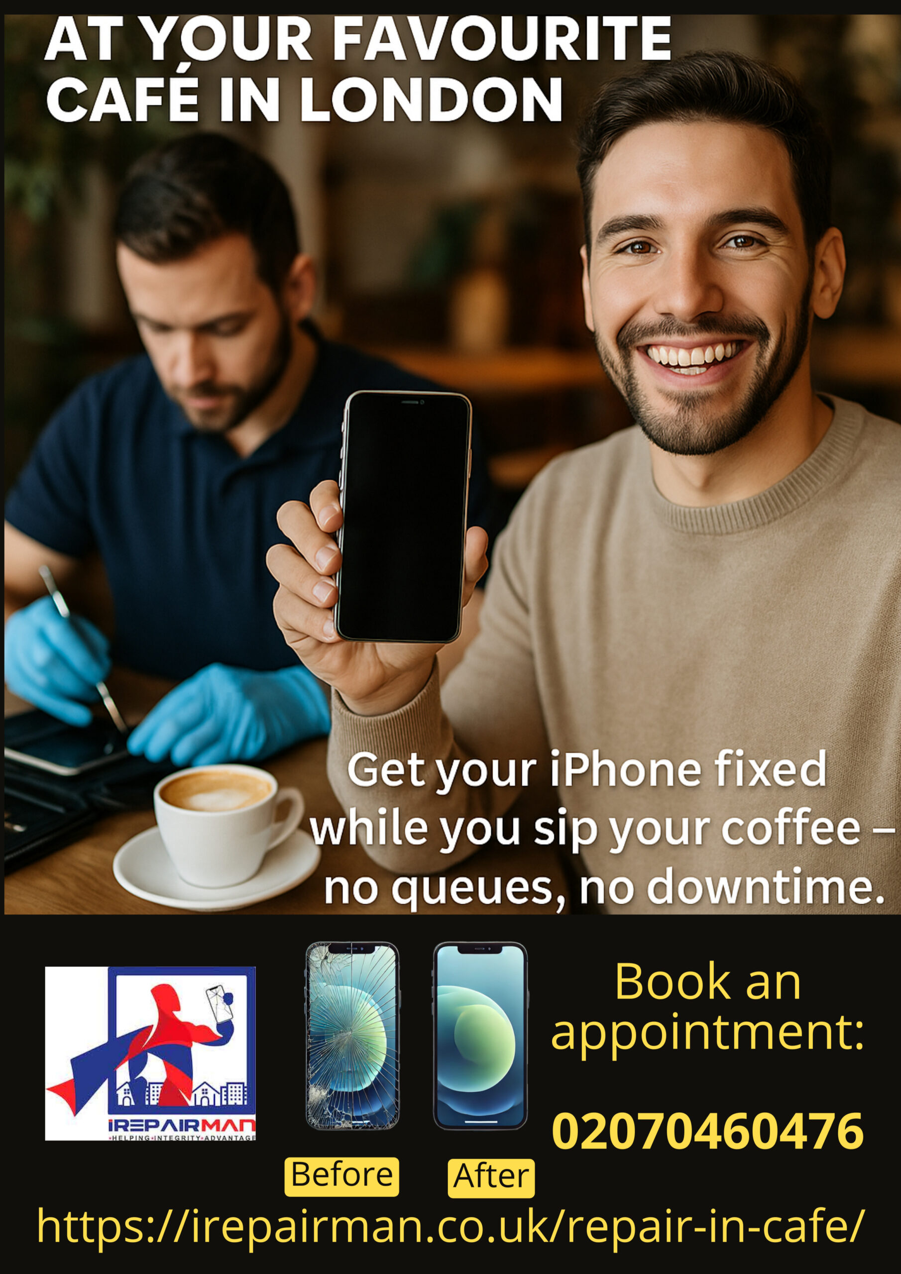 Smiling man holding a freshly repaired iPhone screen inside a café in London