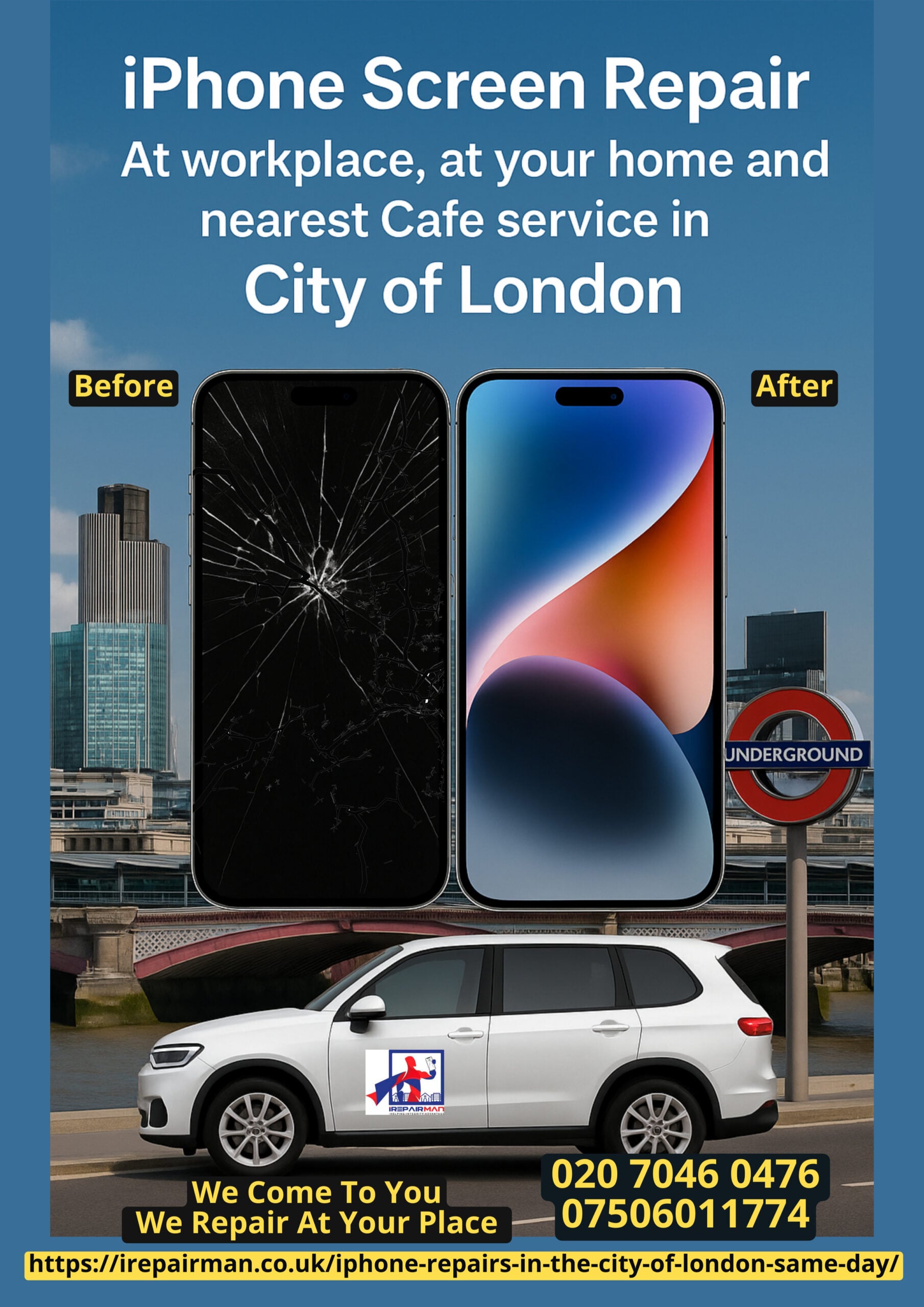 iPhone screen repair at home, work, or cafe in City of London with before-after view and service van