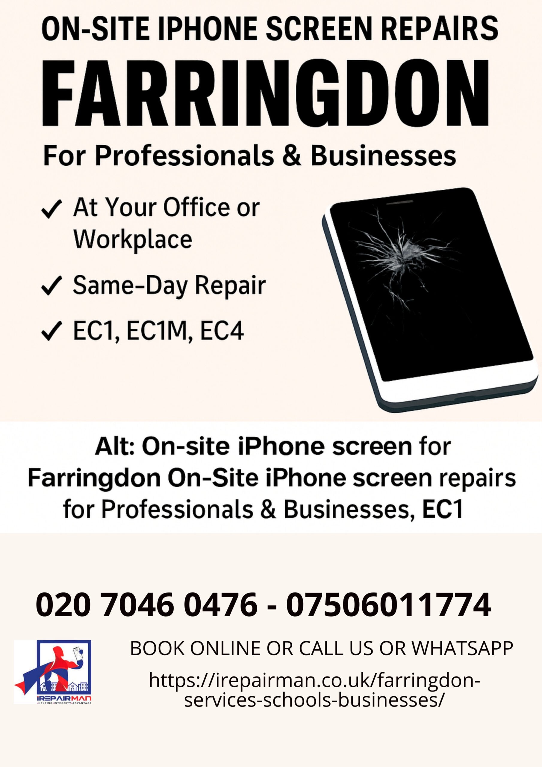 On-site iPhone screen repair in Farringdon EC1, EC1M, EC4