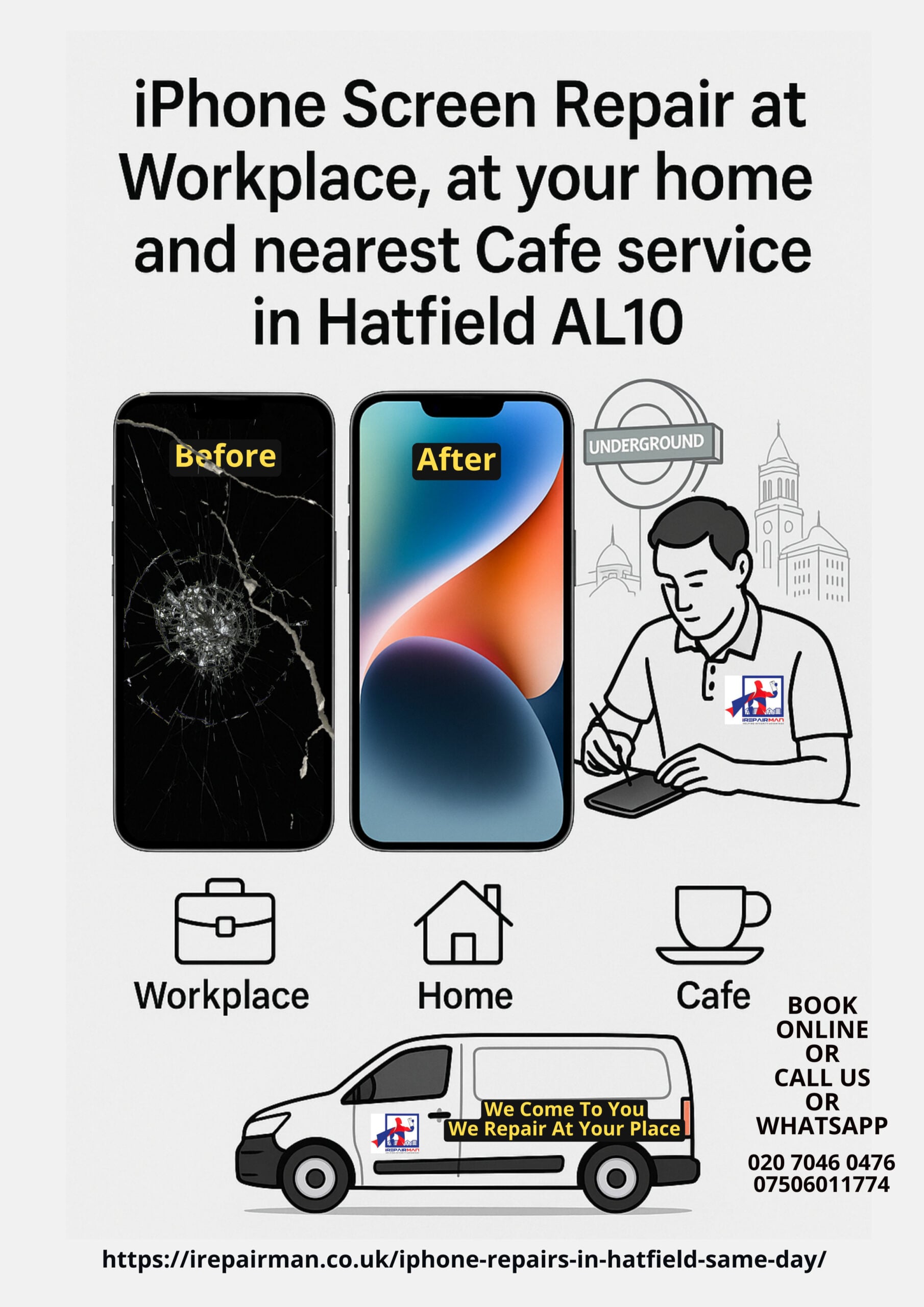 iPhone repair at workplace, home, and cafe in Hatfield AL10