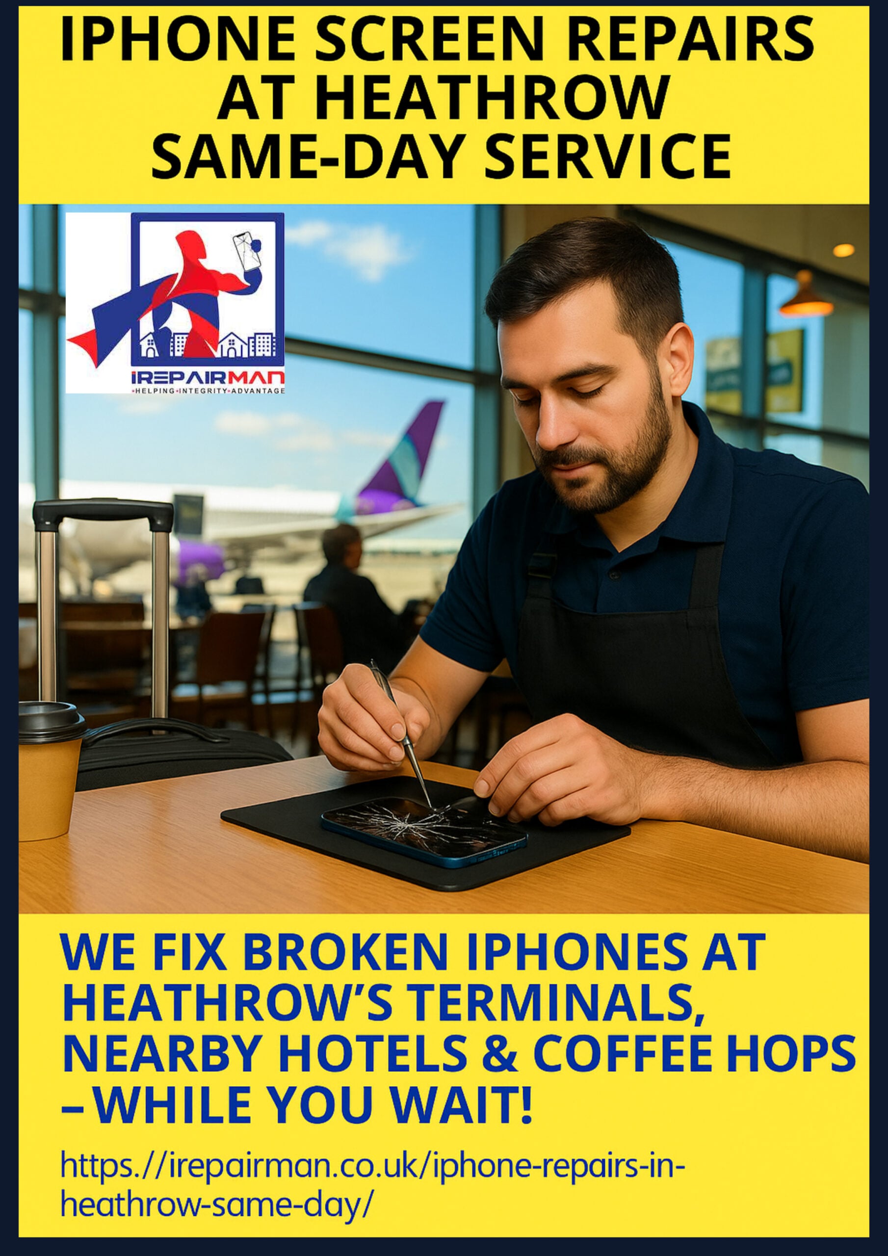 Heathrow Airport iPhone repair poster – iRepairMan meets you at Arrivals