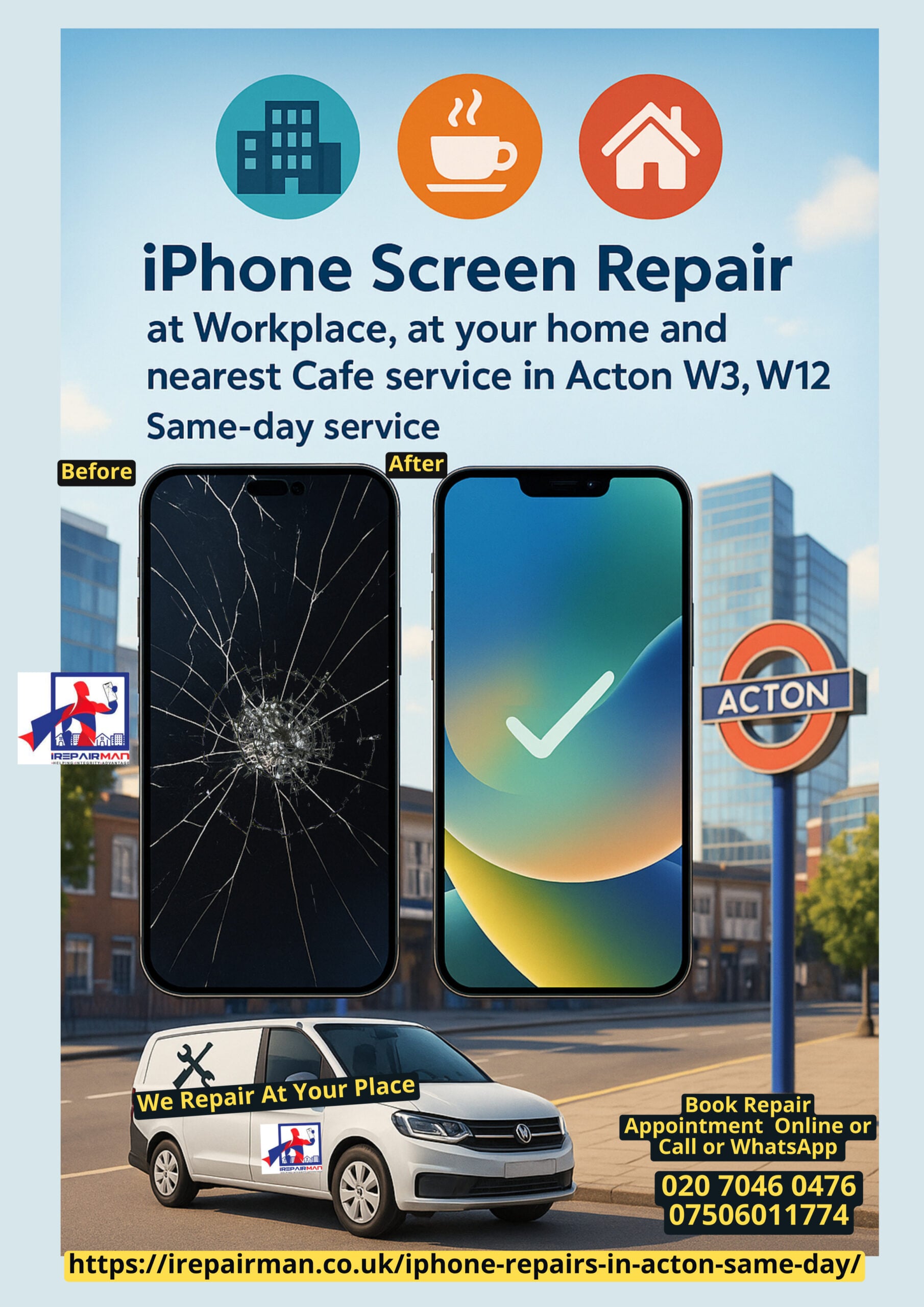 iPhone screen repair Acton W3 W4 W12 — before and after cracked iPhone 16 Pro Max fixed on-site
