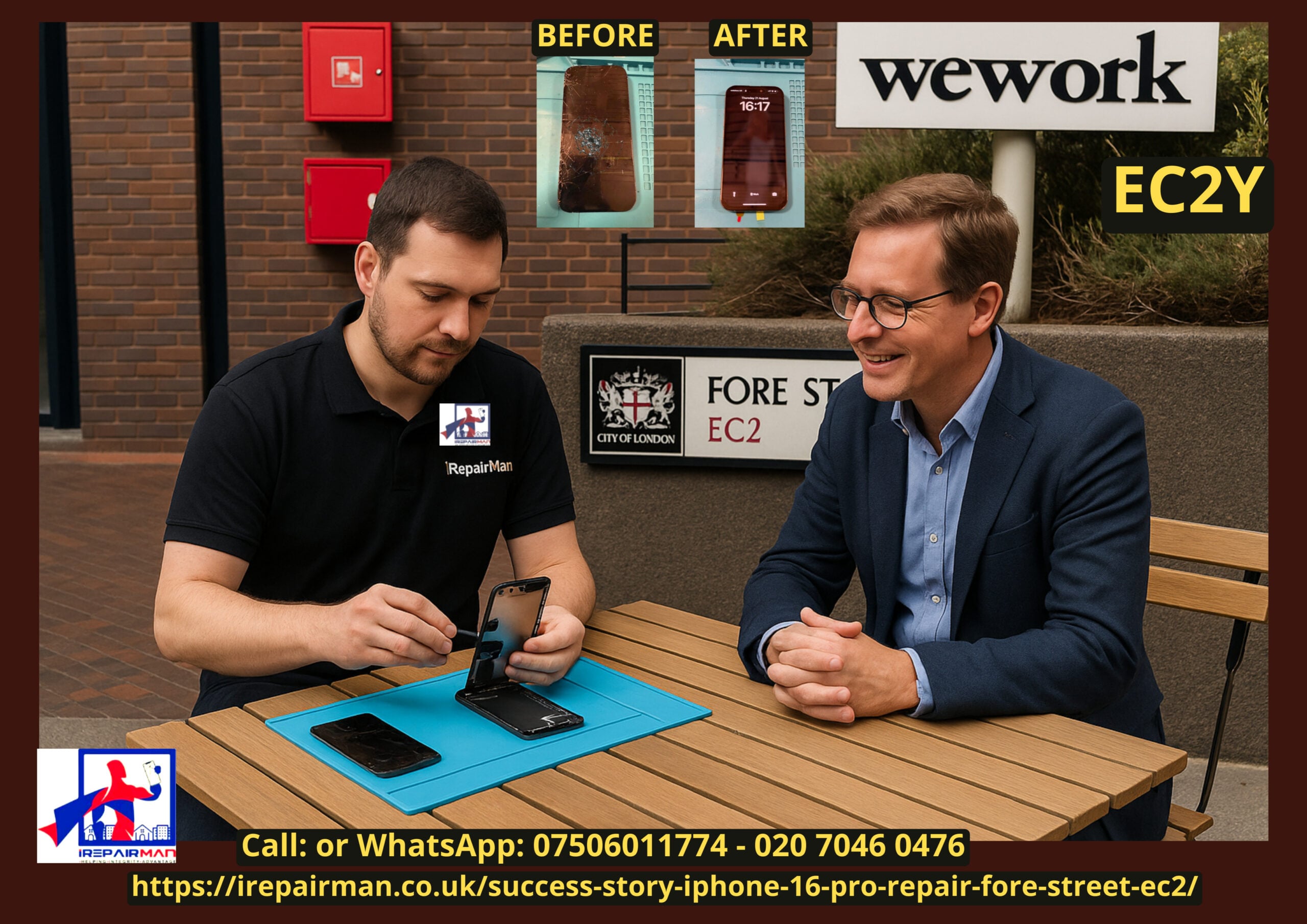 On-site iPhone 16 Pro screen repair for business customer at WeWork Fore Street EC2Y