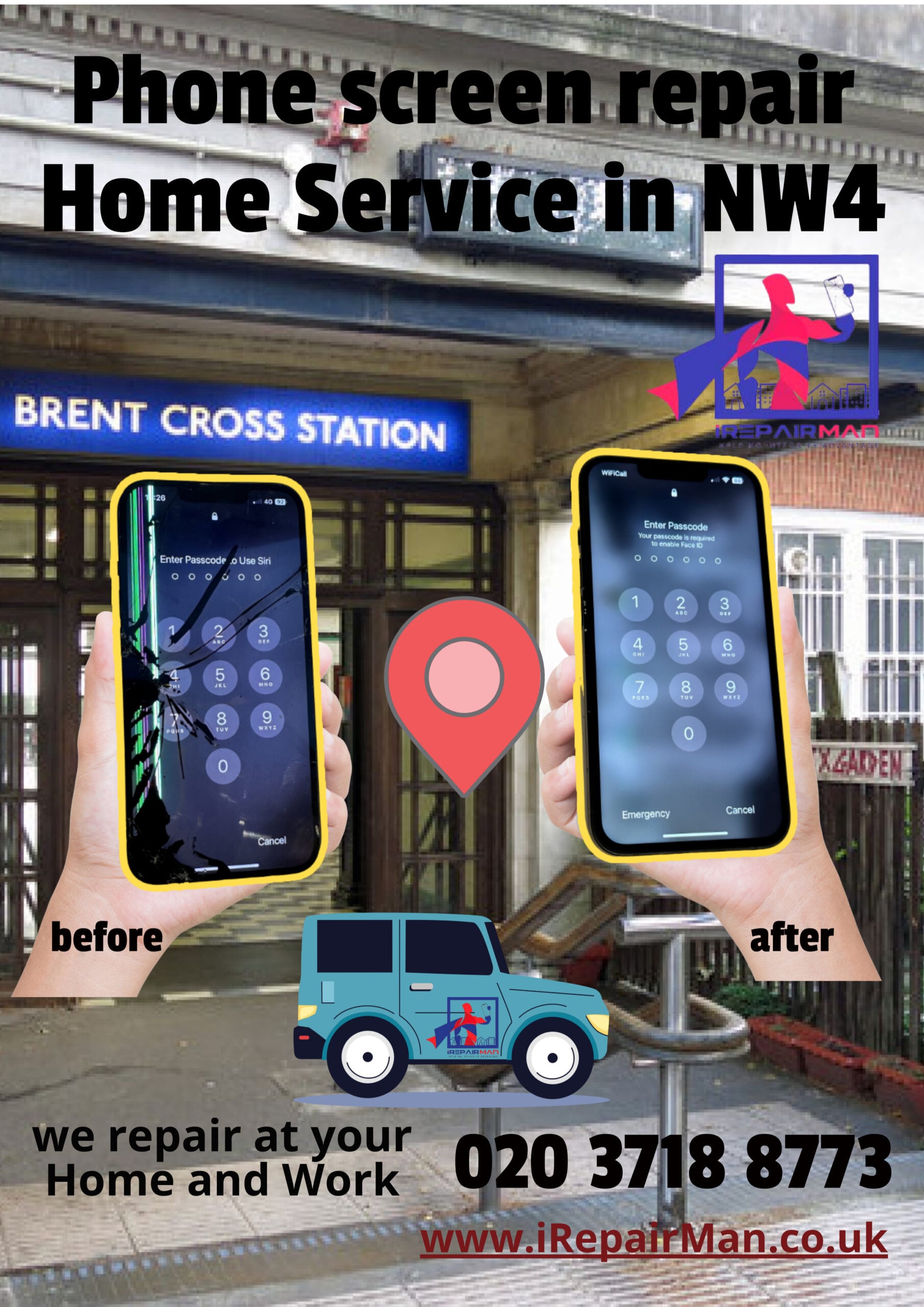 Brent Cross Station themed poster — home & work phone screen repair by iRepairMan