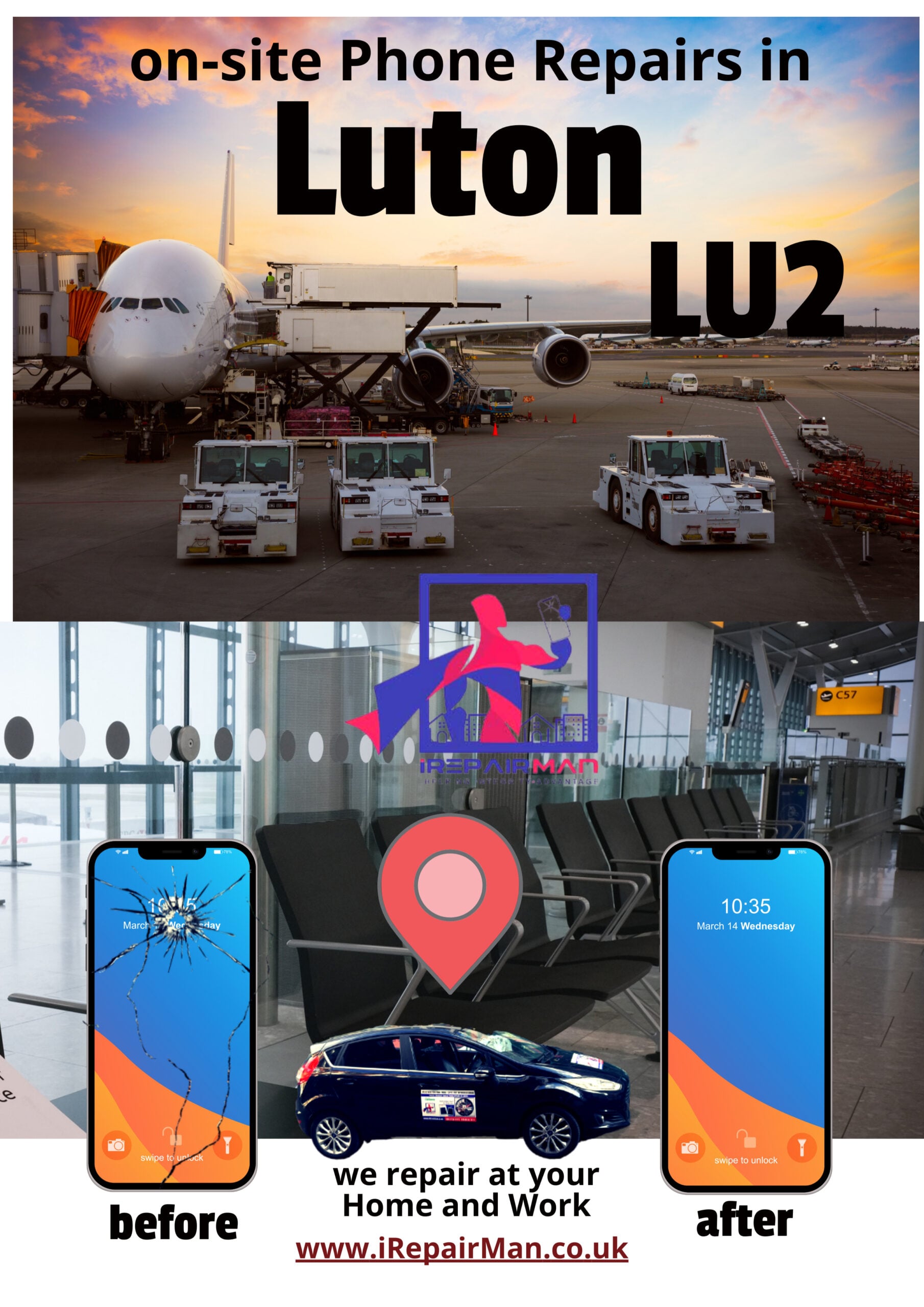 On-site phone repairs at Luton Airport LU2 with before and after screens