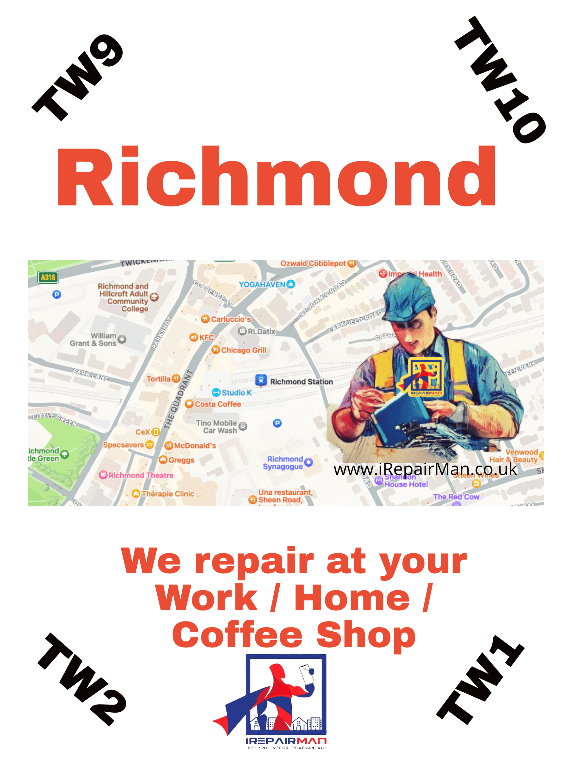 Map showing Richmond Station TW9 service area for iRepairMan