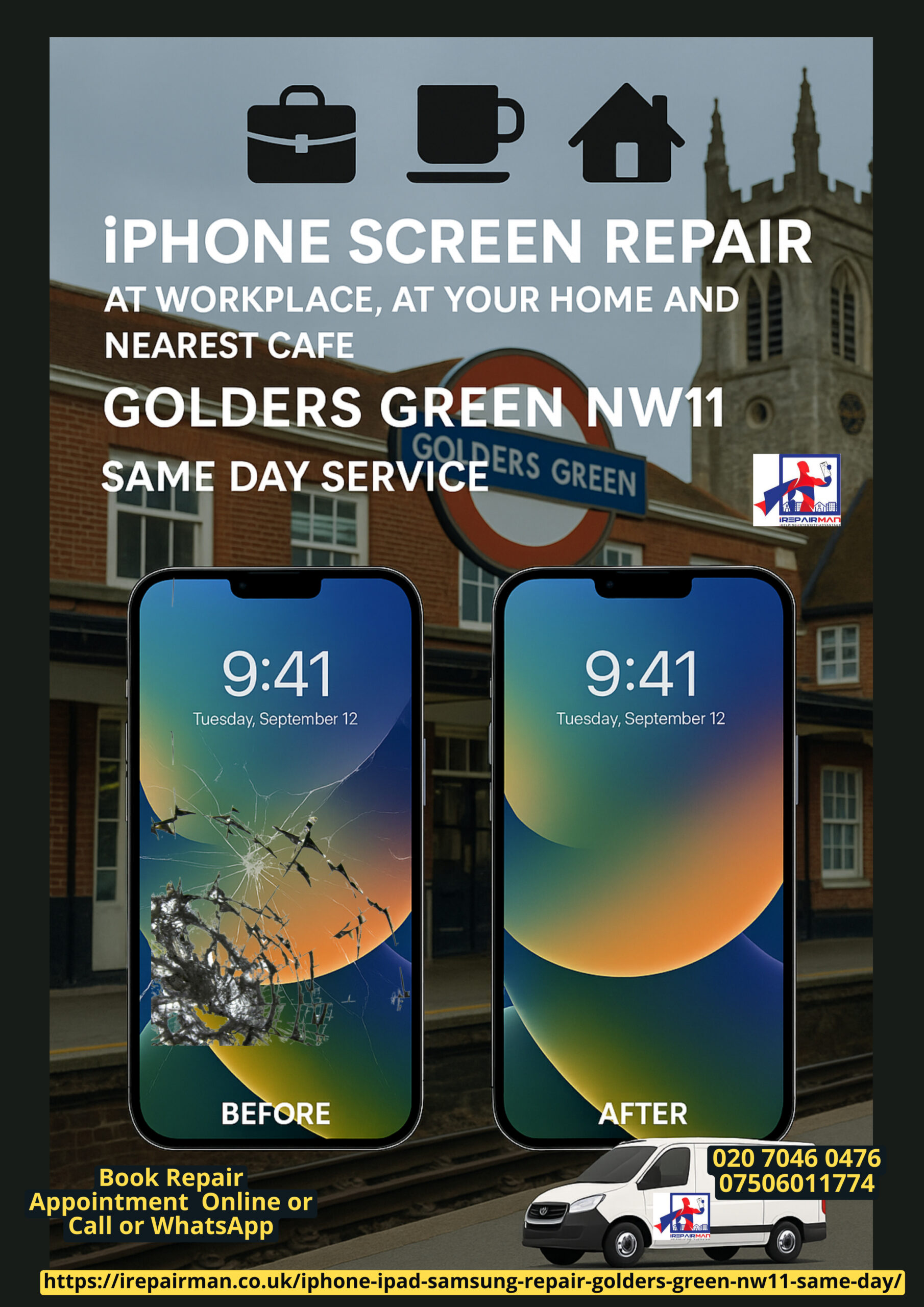 Golders Green NW11 iPhone screen repair same-day at home, work or café