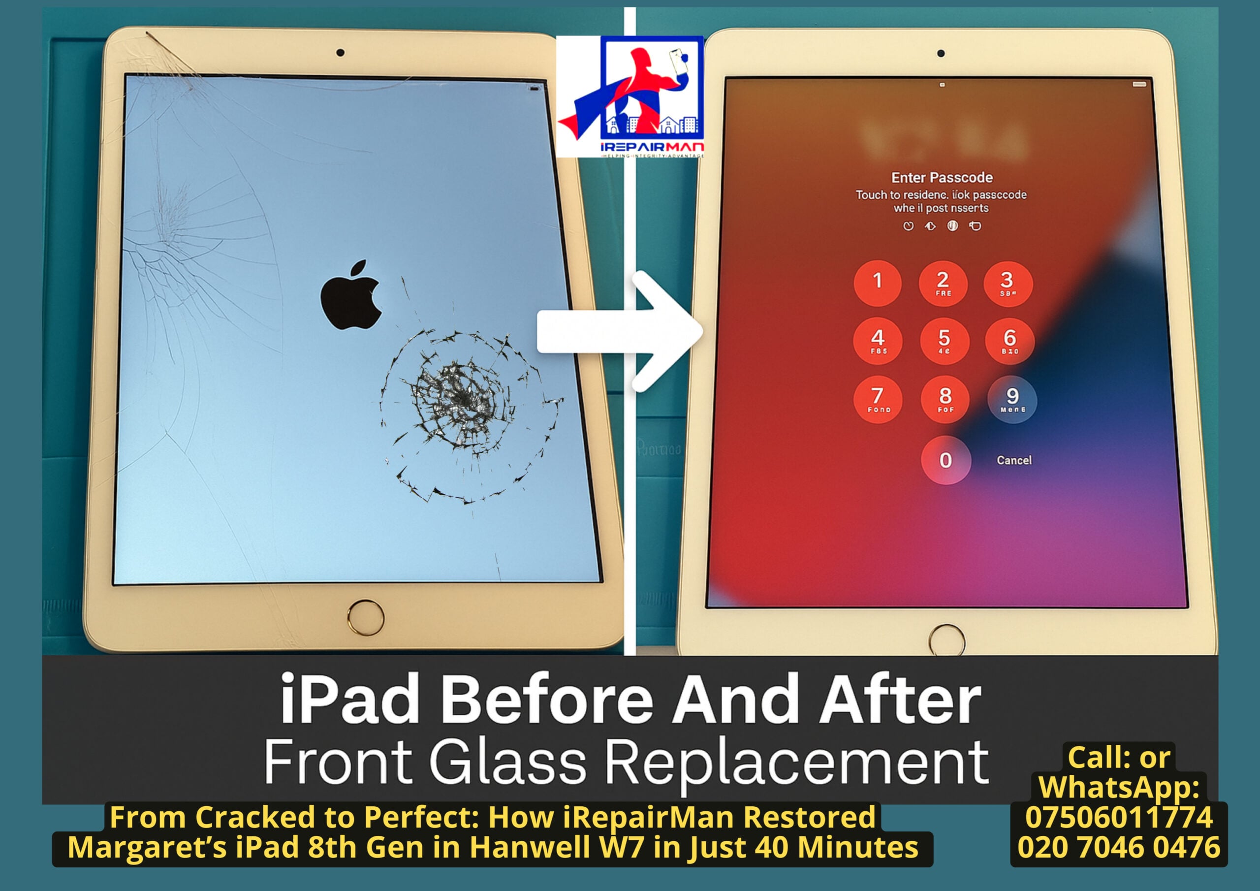 Before and after iPad 8th Gen screen replacement in Hanwell W7 by iRepairMan – cracked front glass repaired at home in 40 minutes.