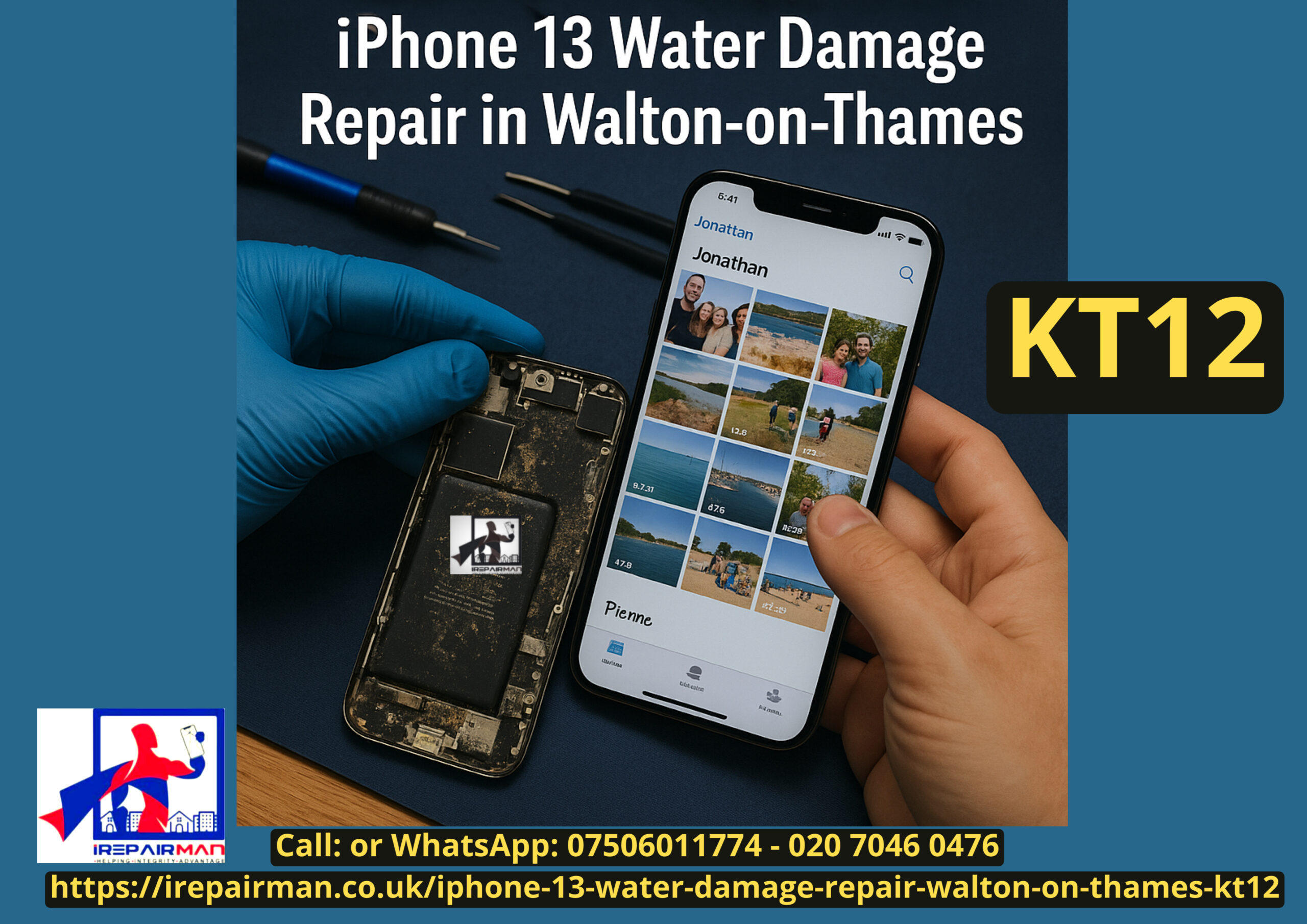 iPhone 13 sea water damage repair at home in Walton-on-Thames KT12 by iRepairMan