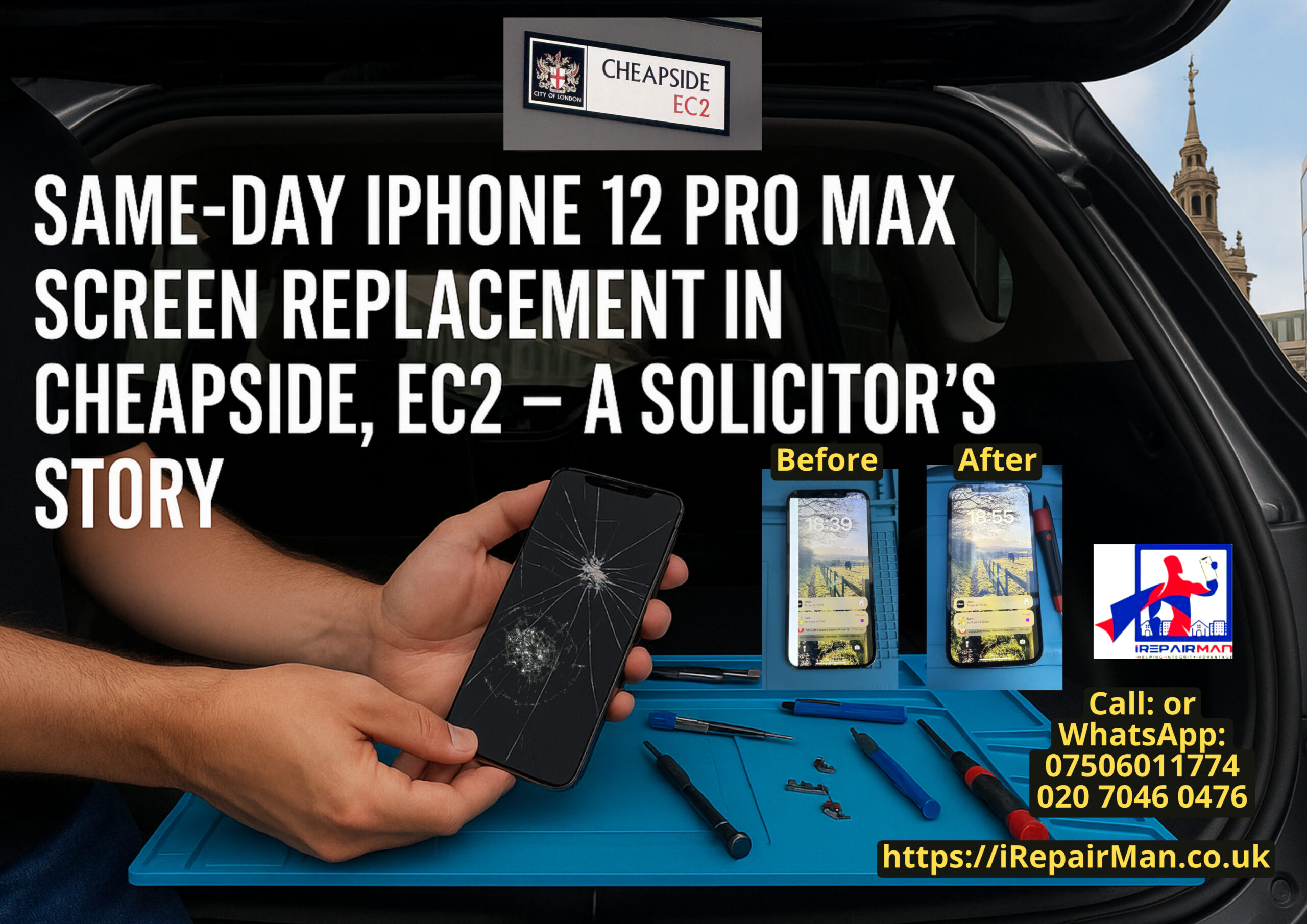 Same-day iPhone 12 Pro Max screen replacement in Cheapside EC2 with before-and-after results by iRepairMan London