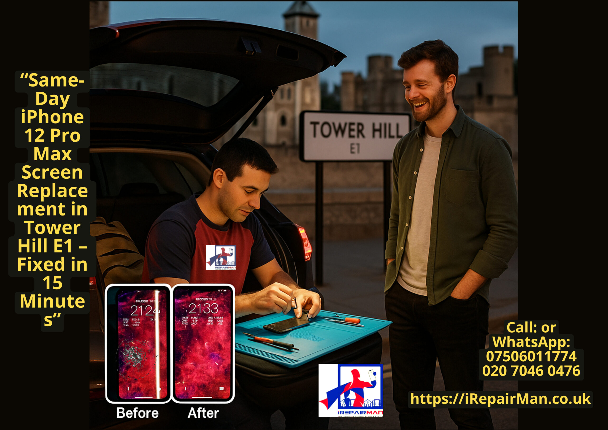 Technician repairing an iPhone 12 Pro Max at the back of a car in Tower Hill E1 with a happy customer; before-and-after results shown; iRepairMan contact details.