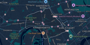 Map showing Hammersmith and surrounding areas, including Shepherd's Bush, Ravenscourt Park, Fulham, and Earl's Court, with notable landmarks like The River Café and Natural History Museum.