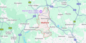 Map of Watford showing surrounding areas including Bushey, Rickmansworth, Borehamwood, Stanmore, Edgware, and Warner Bros. Studio Tour London.