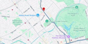 Map showing Finchley Road area, including key landmarks like Abbey Road Studios, Lord's Cricket Ground, and Regent’s Park in London.