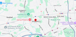 Map showing Hanwell W7 and surrounding areas including West Ealing, Ealing Hospital, Southall and Greenford.