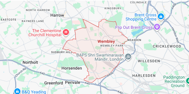 Map highlighting Wembley HA9, HA0 and nearby coverage areas