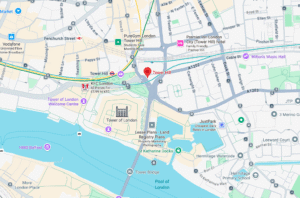 Street map showing Tower Hill EC3N, E1 area, landmarks, and service coverage for iRepairMan mobile repairs.