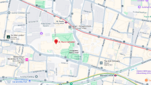 Map of St. Paul’s Cathedral area showing Cheapside, Paternoster Square, New Change, Cannon Street, and Mansion House Underground Station in London EC4M, EC2.