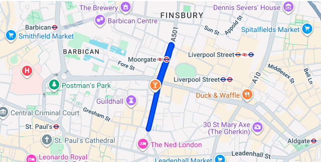 Street map of Moorgate EC2R, EC2M