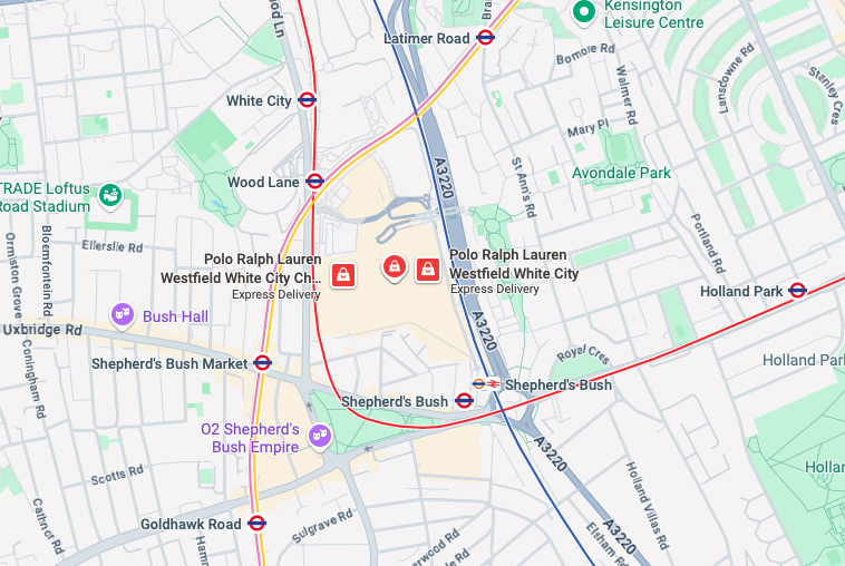 Service coverage map for Westfield Shepherds Bush W12