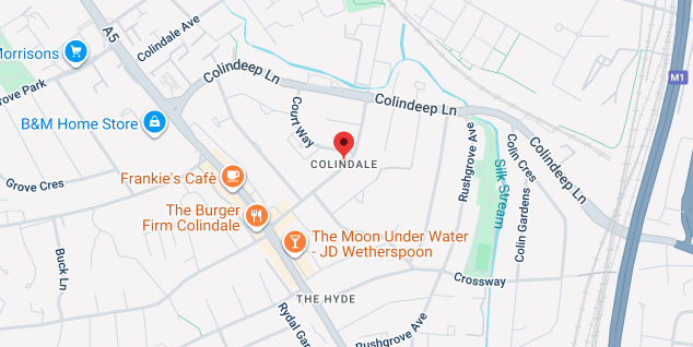 Map of Colindale NW9 showing cafés, shops and coverage for iRepairMan