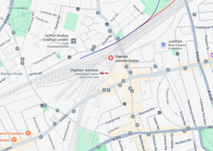 Map of Clapham Junction SW11 showing iRepairMan service coverage area for iPhone and iPad repairs.