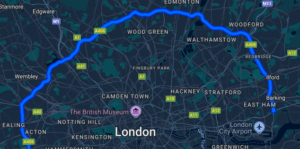 Map of North Circular Road London A406 showing service coverage areas NW2, NW10, N2, E4, E6, IG8