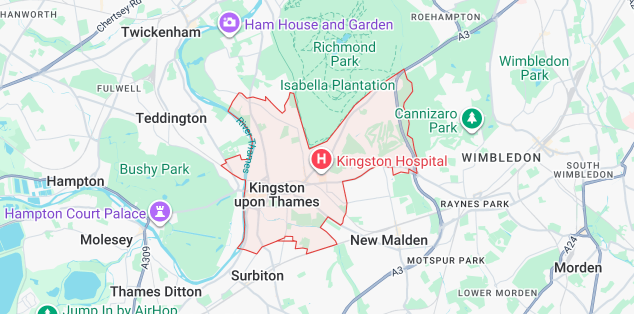 Street map of Kingston upon Thames service area covering KT1, KT2, KT3, KT5, KT9