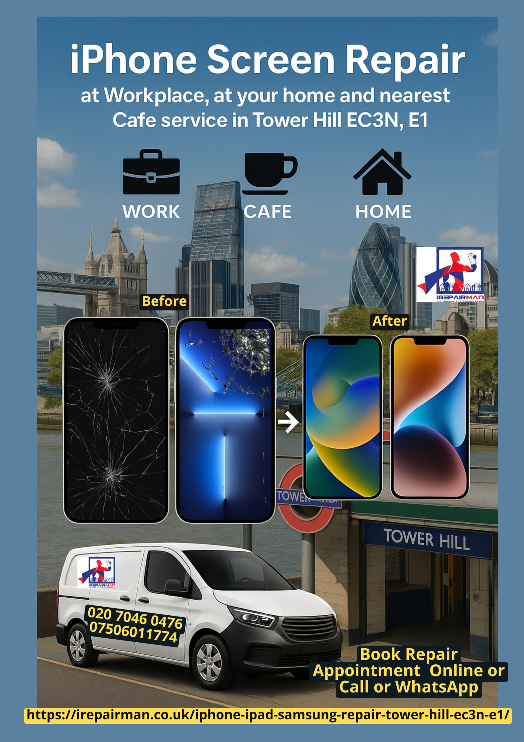 Featured poster: iPhone screen repair at workplace, home and café in Tower Hill EC3N, E1