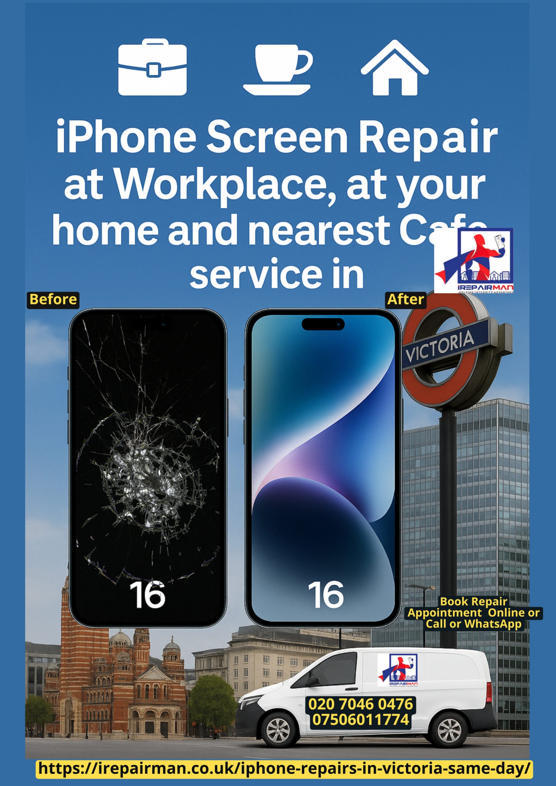 iRepairMan technician repairing iPhone in Victoria Street London SW1H, SW1E