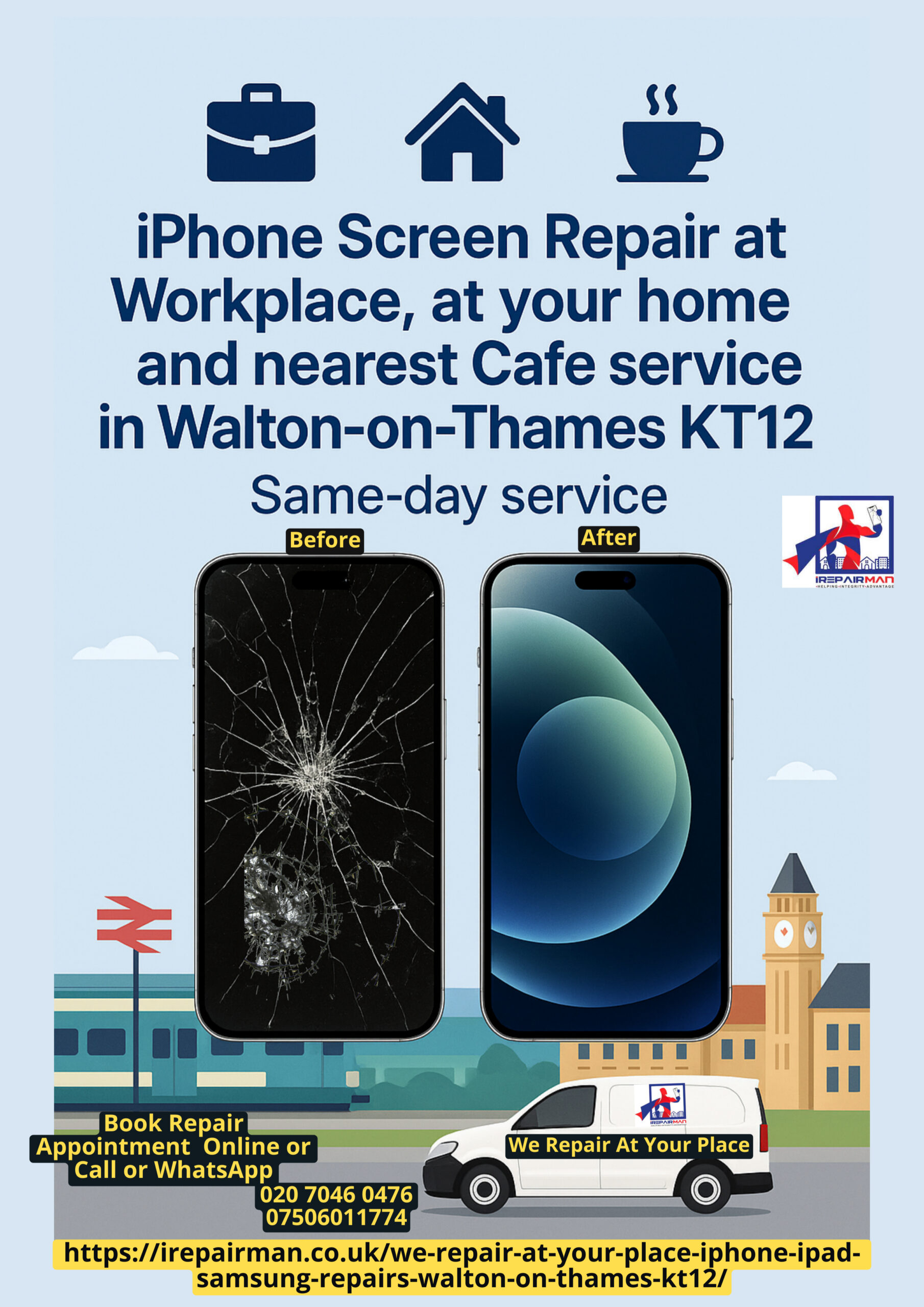 We Repair at Your Place – Walton-on-Thames KT12 iPhone, iPad & Samsung Repairs