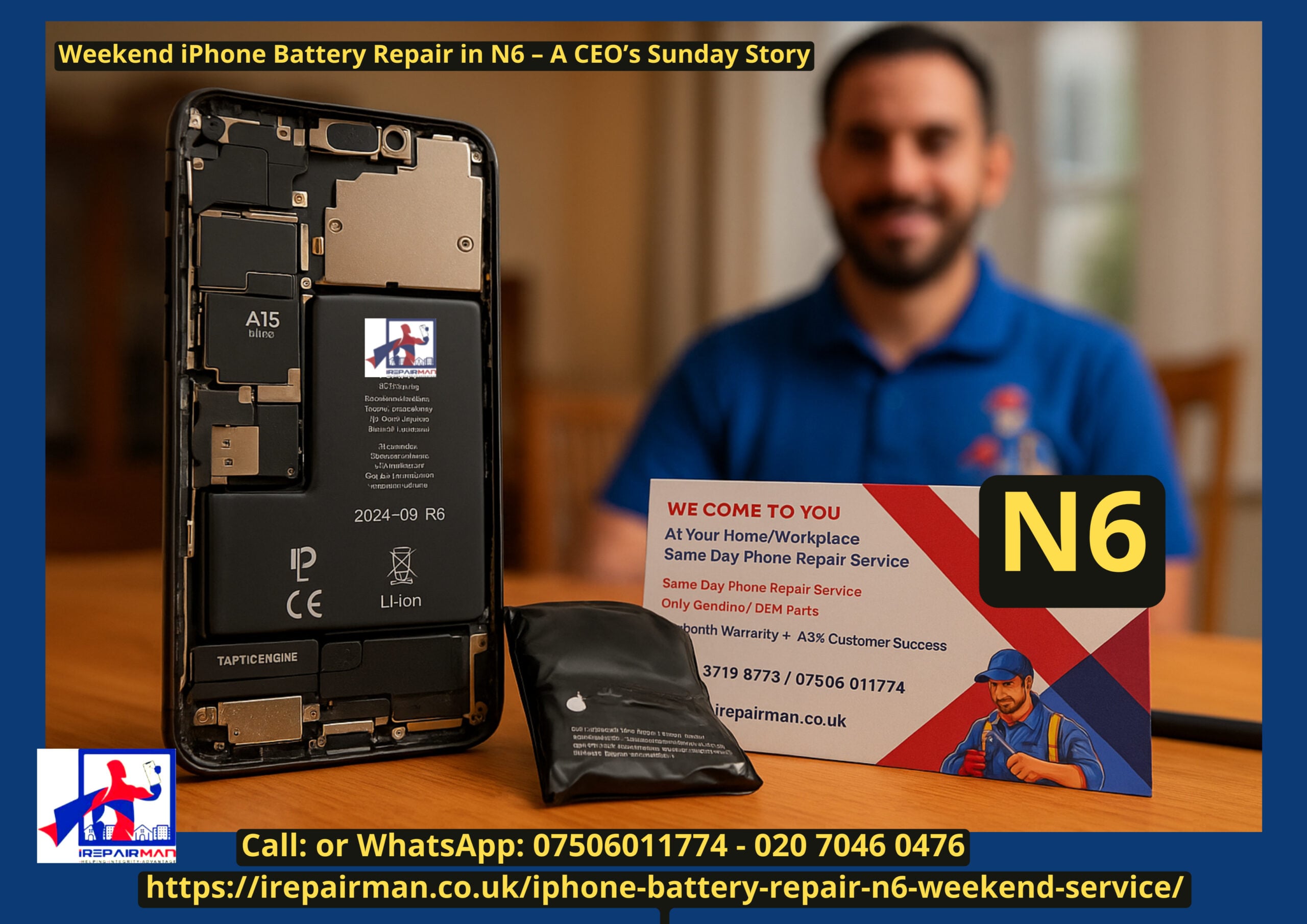 Weekend iPhone 13 Pro battery repair in N6 by iRepairMan – swollen battery replaced on Sunday with OEM part and 12-month warranty