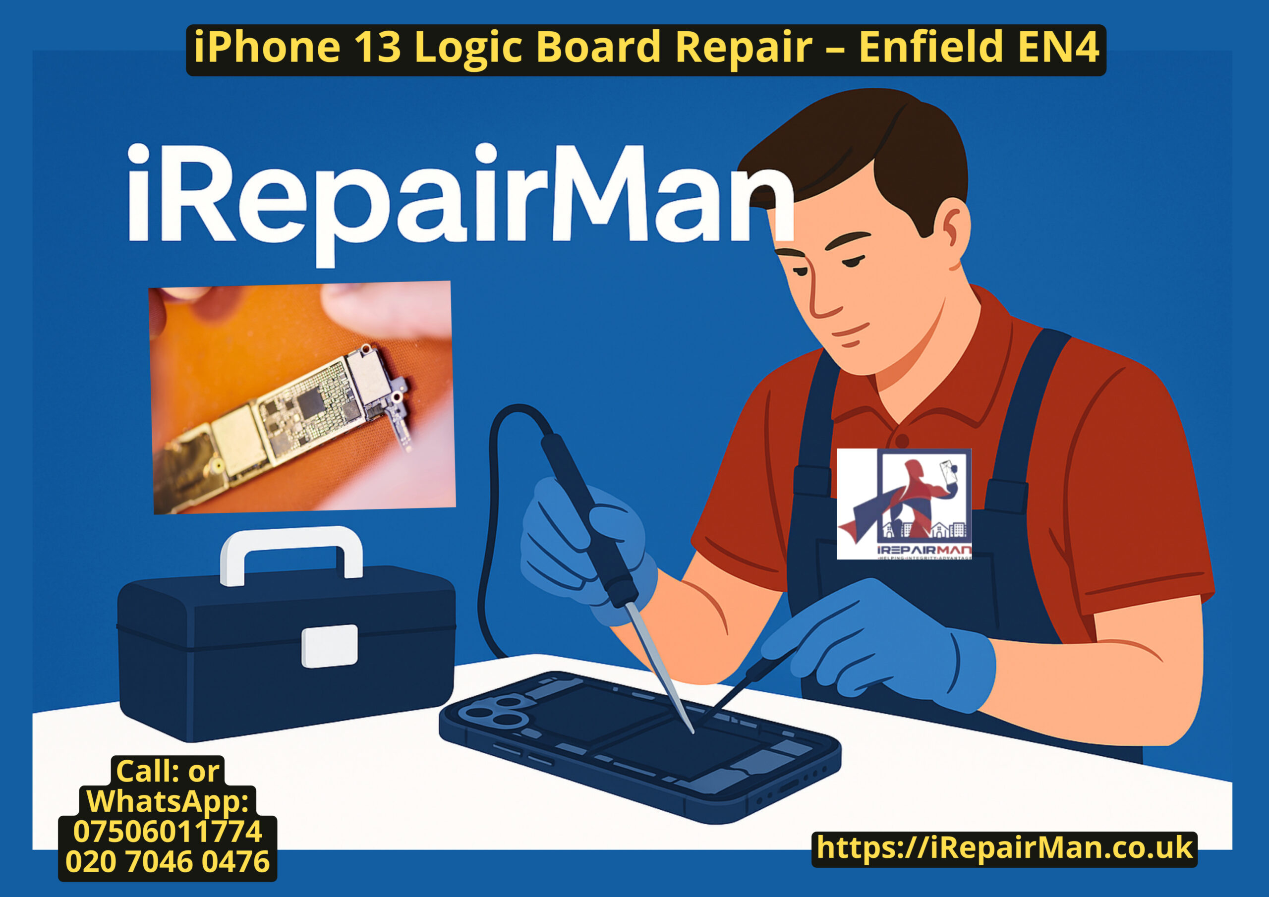iRepairMan micro-soldering iPhone 13 logic board in Enfield EN4 (East Barnet) after charging IC failure and battery damage.