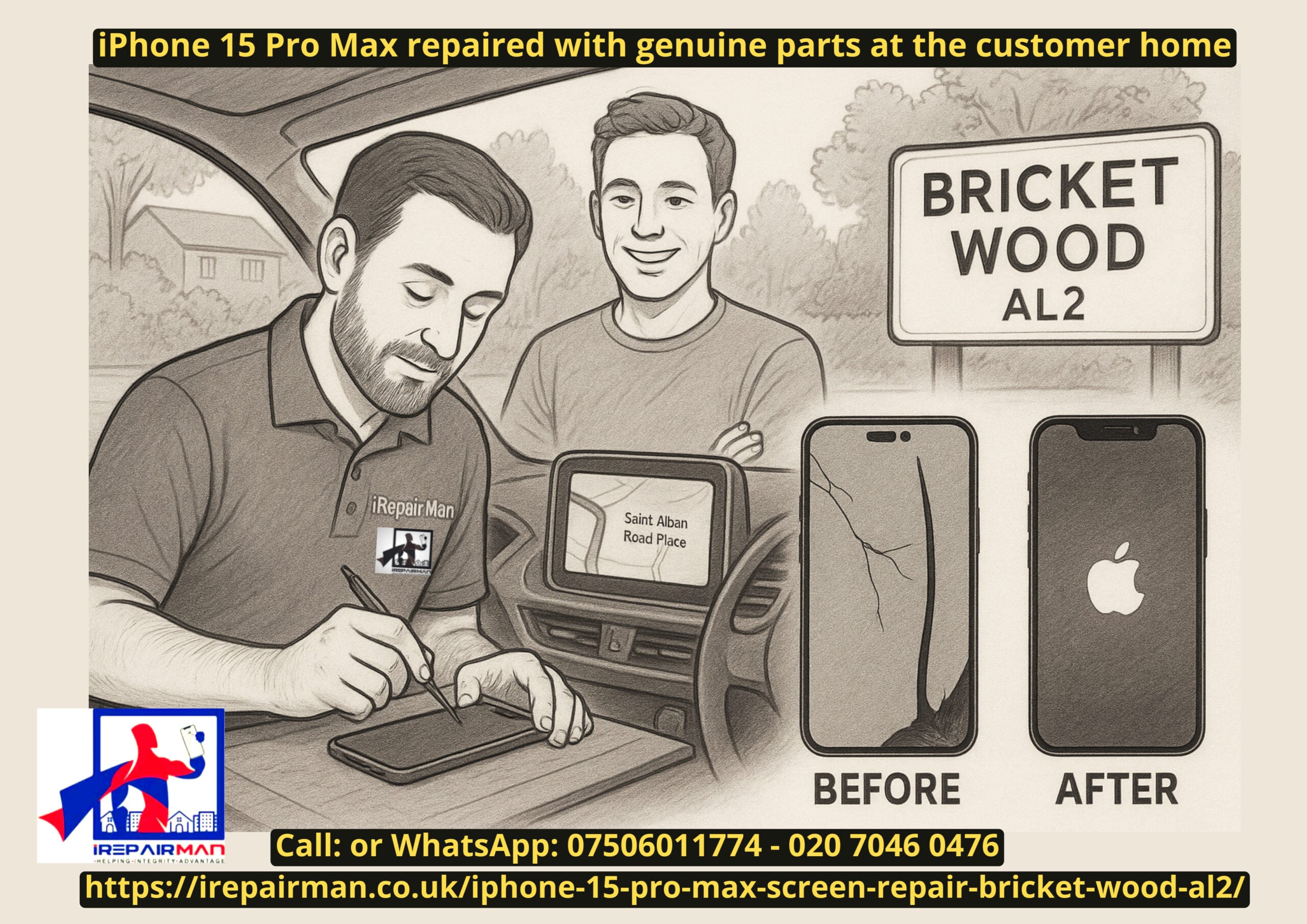 iPhone 15 Pro Max Screen Repair – Bricket Wood AL2, St Albans | iRepairMan On-site iPhone 15 Pro Max screen repair in Bricket Wood AL2 with before and after result