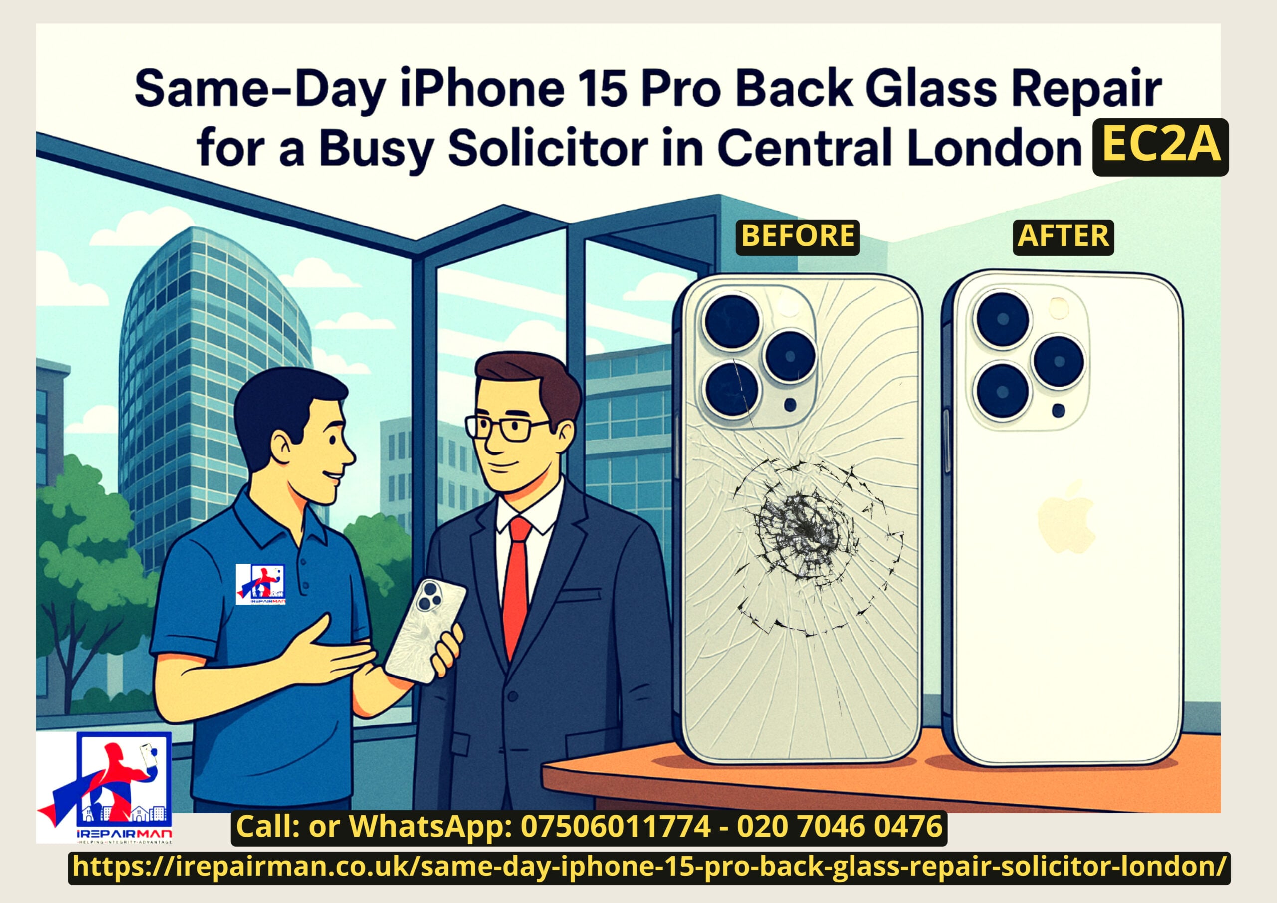 Same-day iPhone 15 Pro back glass repair for solicitor in Central London EC2A