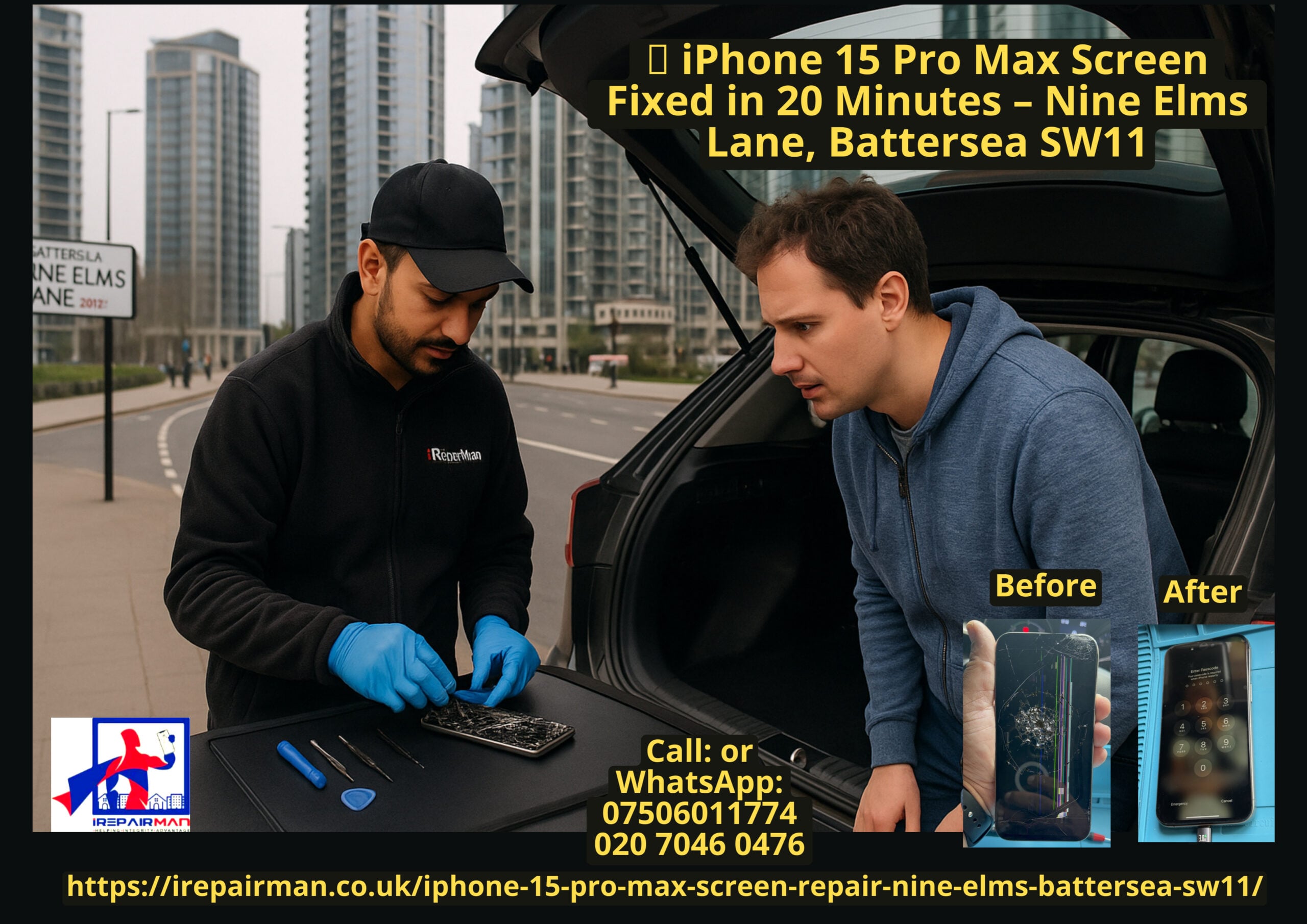 iRepairMan technician repairing iPhone 15 Pro Max on Nine Elms Lane Battersea SW11 with customer watching anxiously