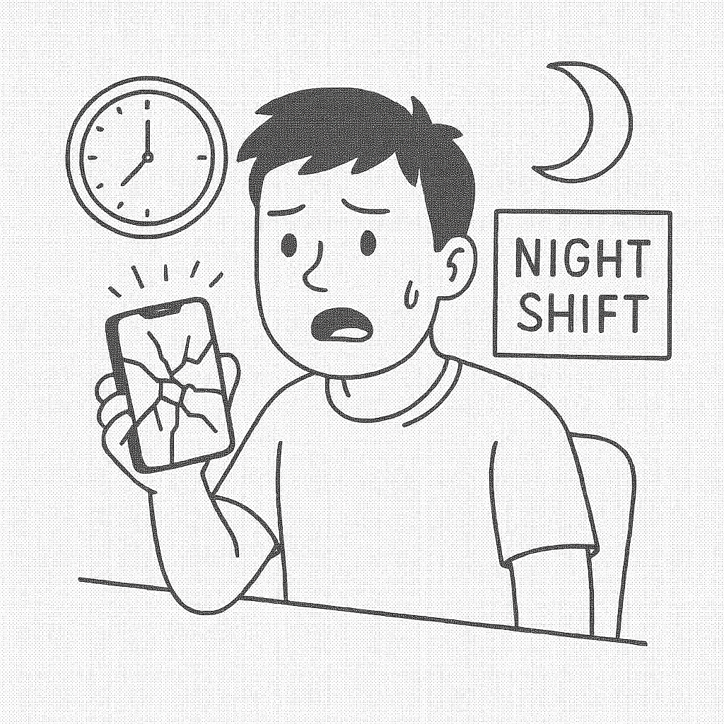Night shift employee with a broken phone needing late-night repair