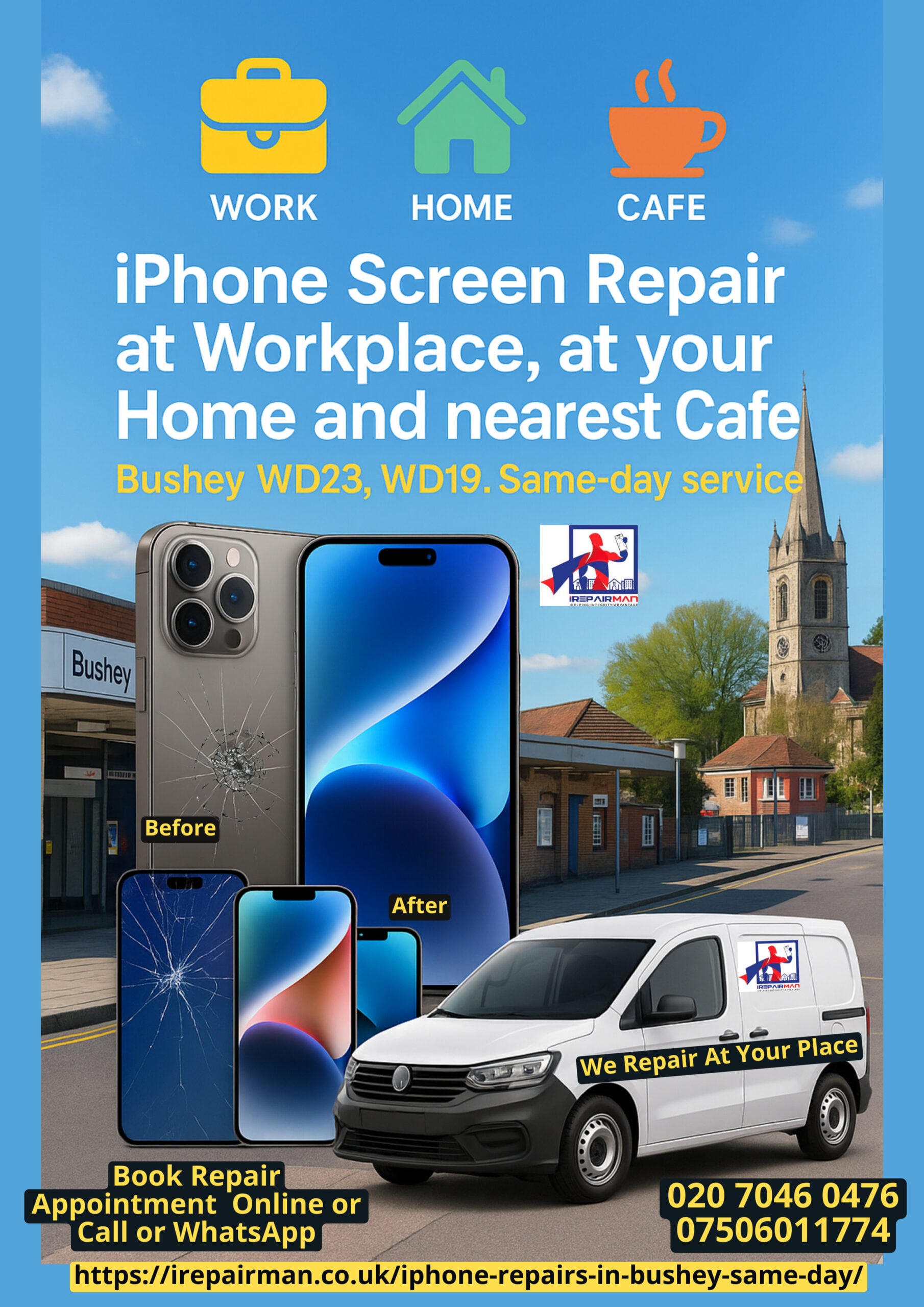 Featured poster — iPhone & iPad repairs at work, home and café in Bushey WD23 WD19