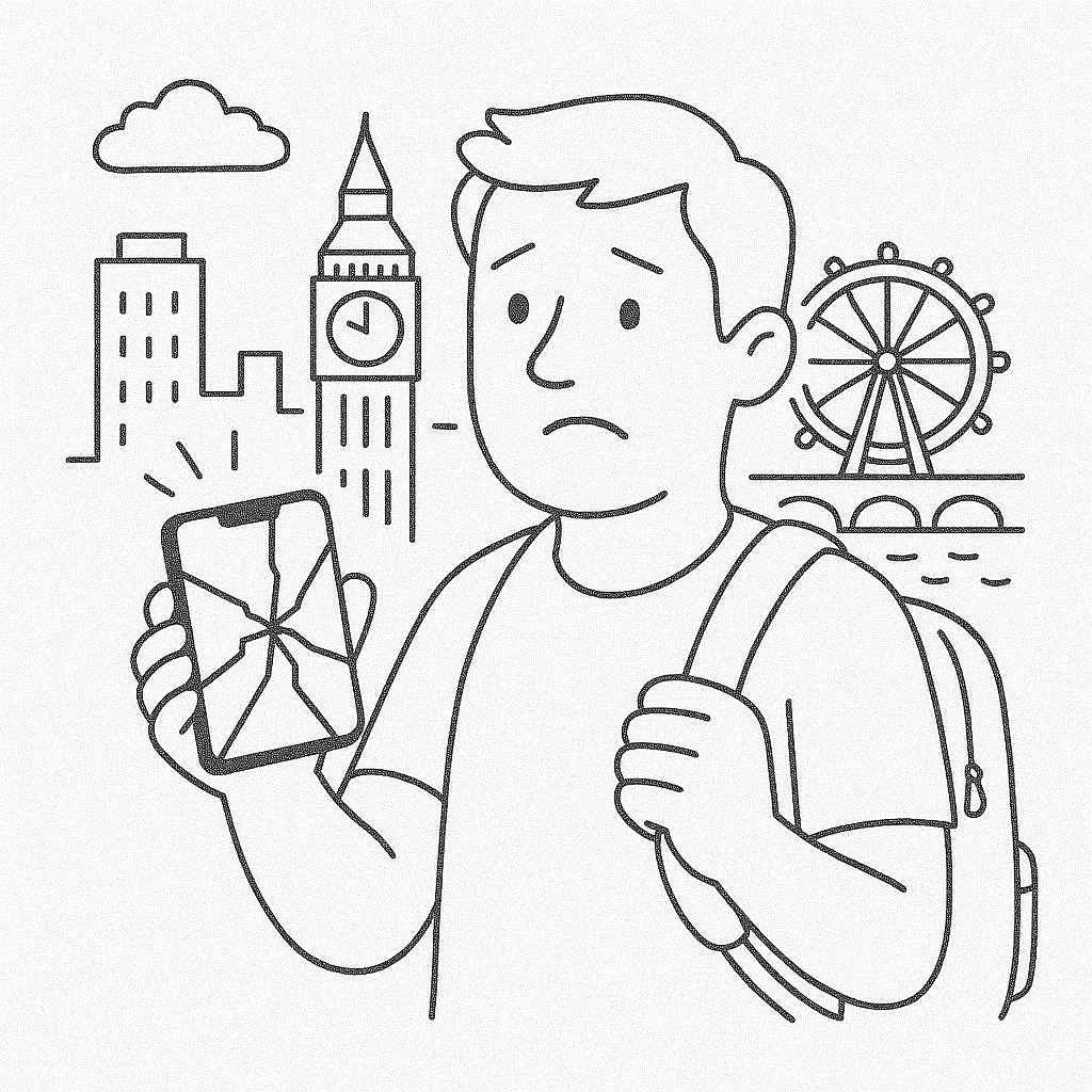 Business traveller or tourist in London with a broken phone
