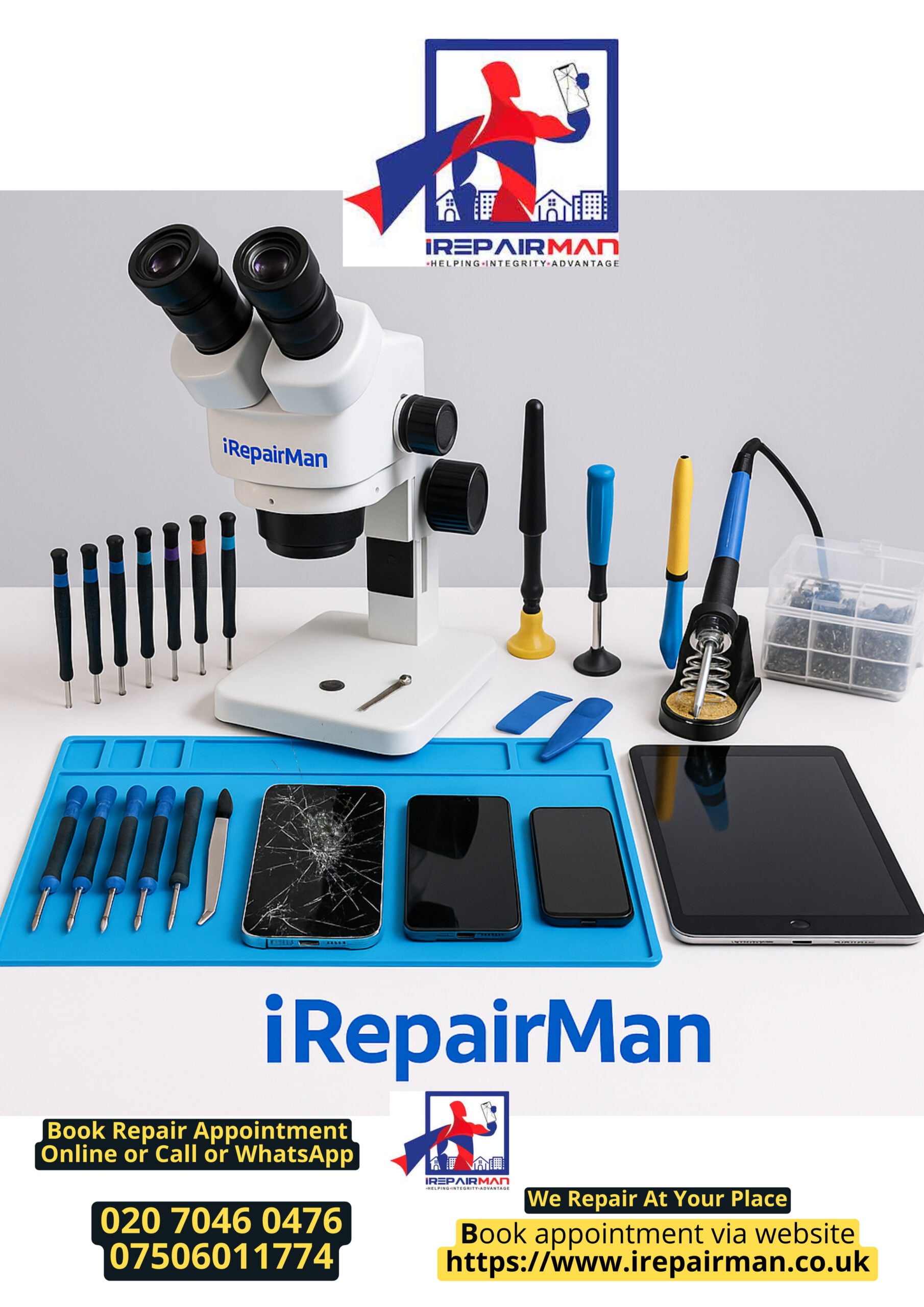 iRepairMan workstation with microscope, tools and multiple phones and iPad