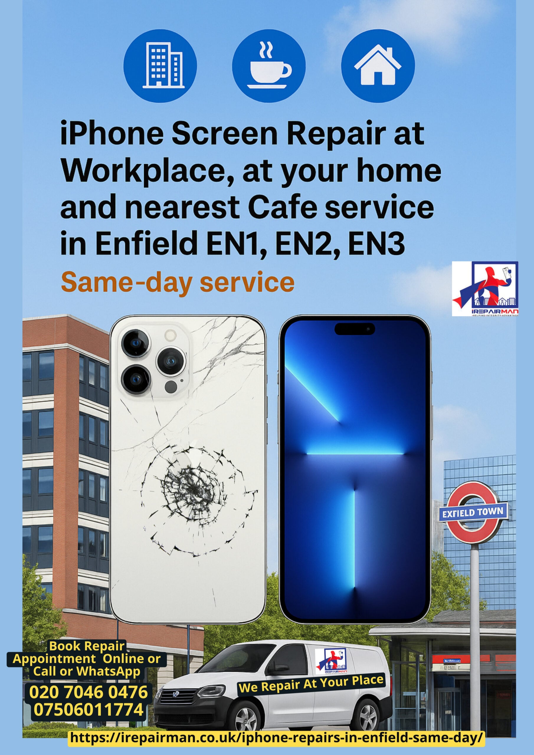 Enfield featured poster iPhone repair work home cafe