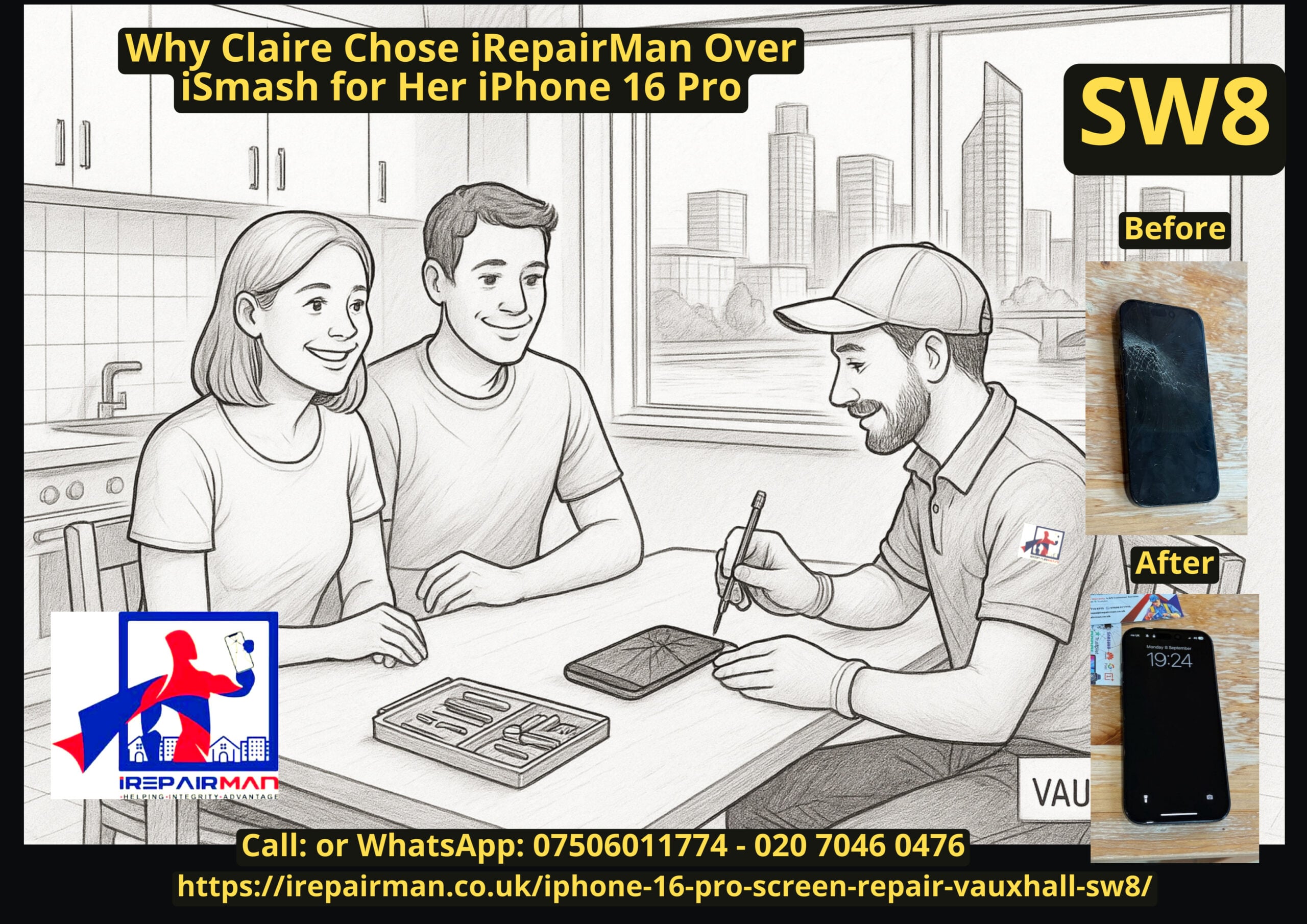 Poster illustration of iRepairMan technician repairing Claire’s iPhone 16 Pro in Vauxhall SW8, with before and after images and the Vauxhall skyline.
