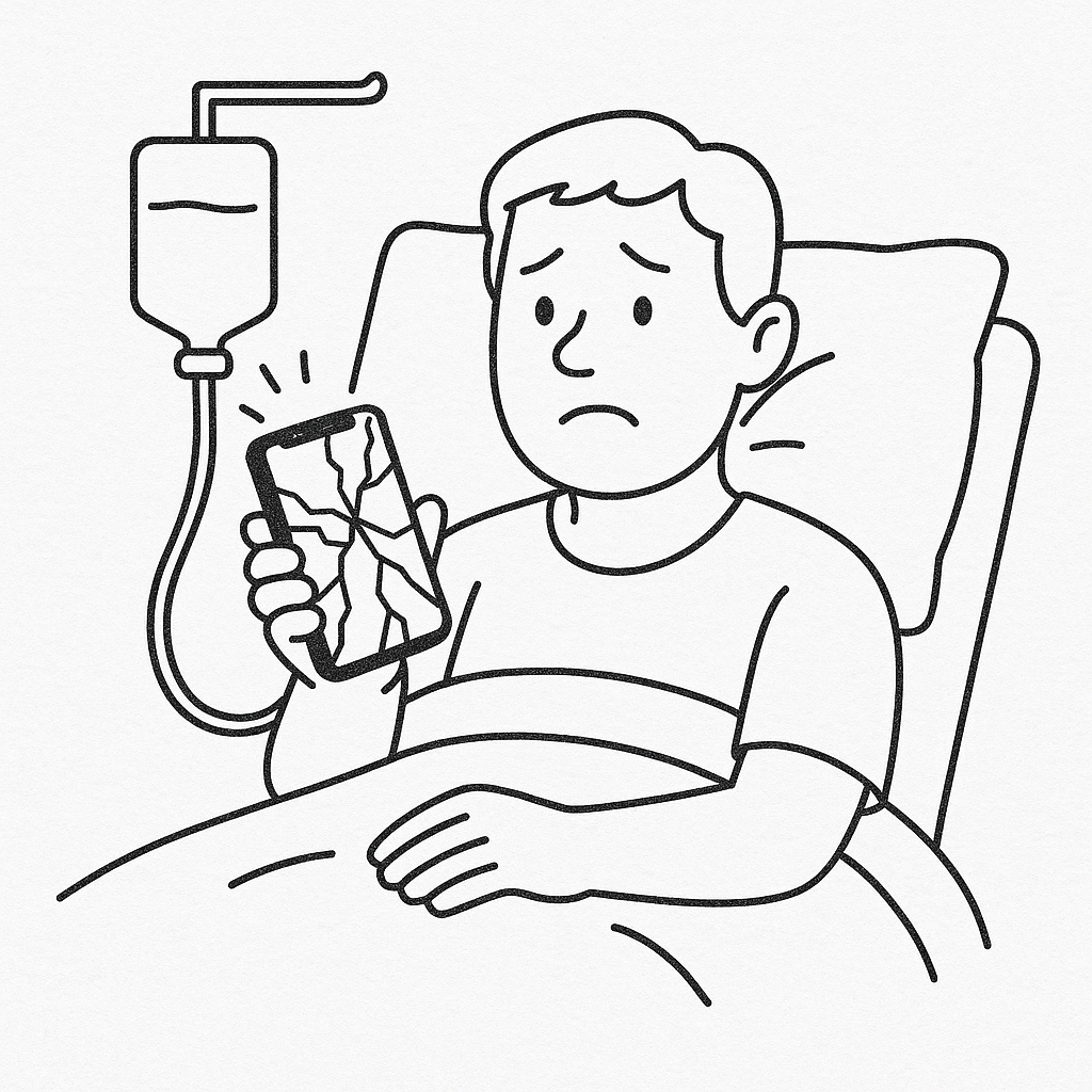 Hospital bedside phone repair—patient with cracked phone