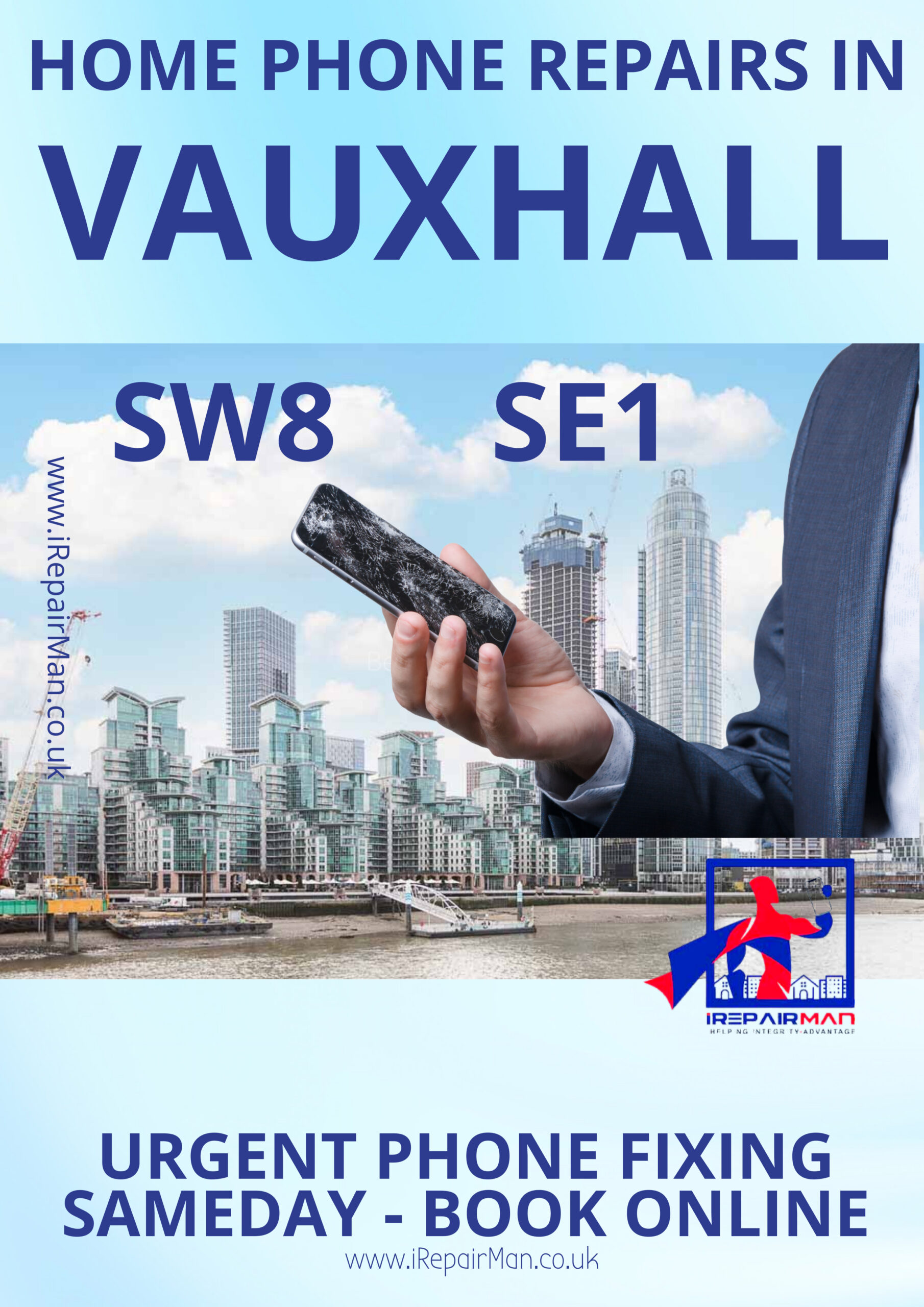 Home and workplace phone repair in Vauxhall with modern riverside skyline