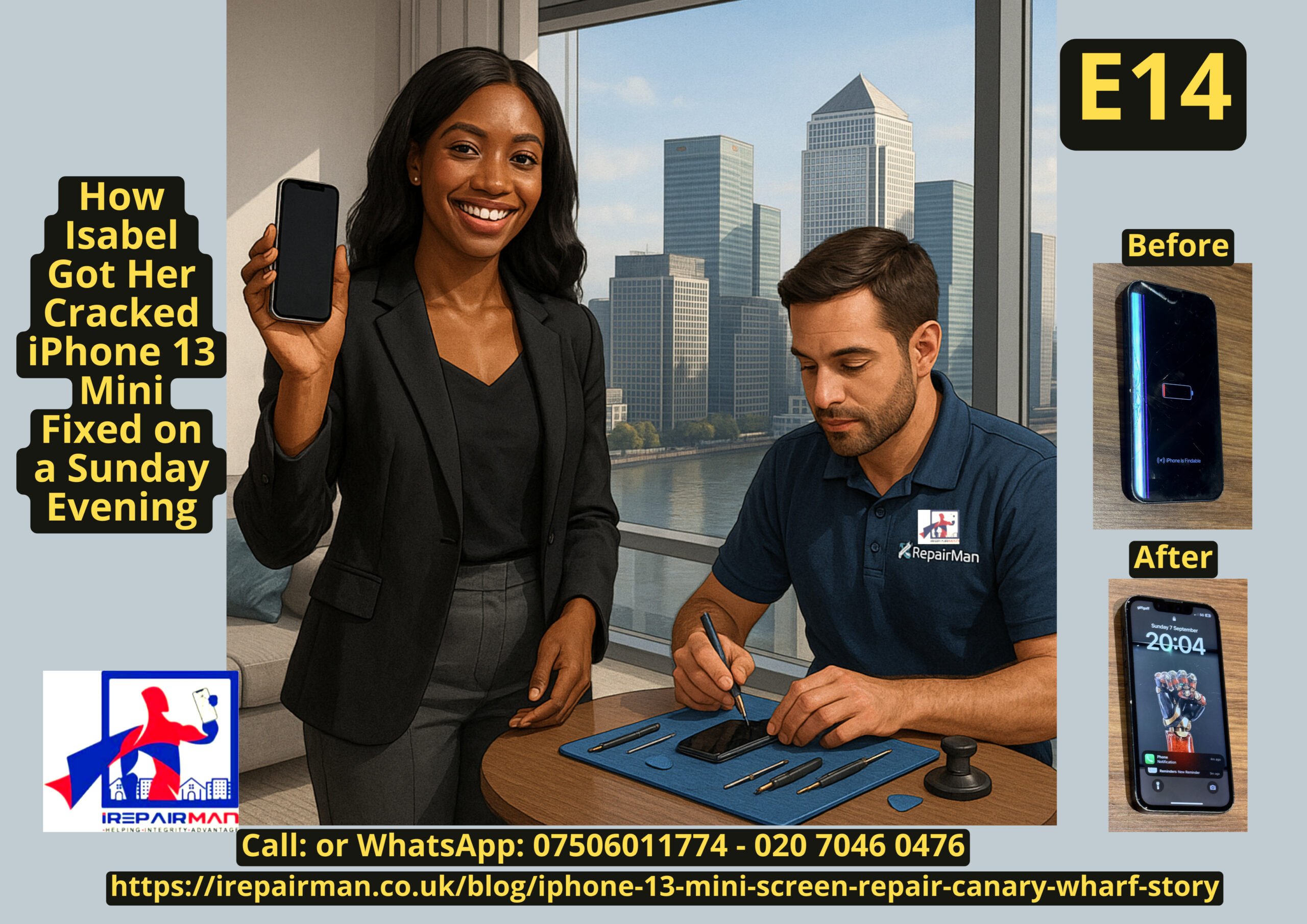 Professional iPhone 13 Mini screen repair at home in Canary Wharf E14 – iRepairMan technician and customer Isabel