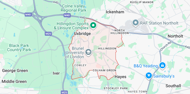 Street map of Uxbridge showing UB10, UB8 and SL0 coverage