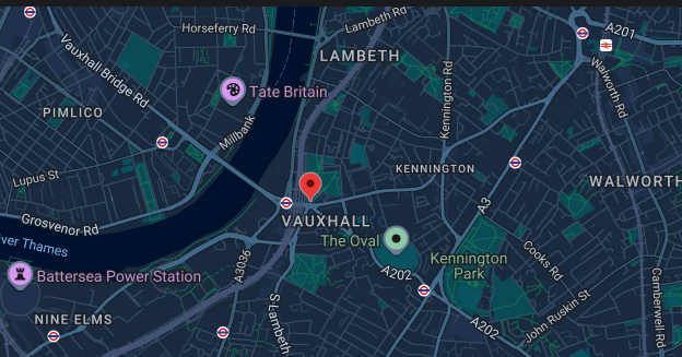 Map of Vauxhall SE11 and SW8 including Nine Elms, Kennington, The Oval and nearby landmarks